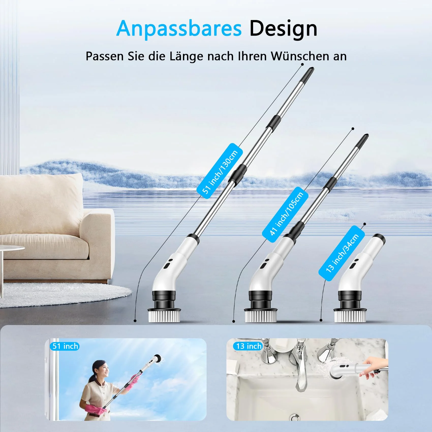 Elektrische Reinigungsbürste, 9 in 1 Elektrische Reinigungsbürste Haushalt 2 Modi Elektrischer Spin Scrubber Electric Cleaning Brush mit 34-130cm, Duschreiniger Bürste für Bad Küche fliesenund Auto - Image 2