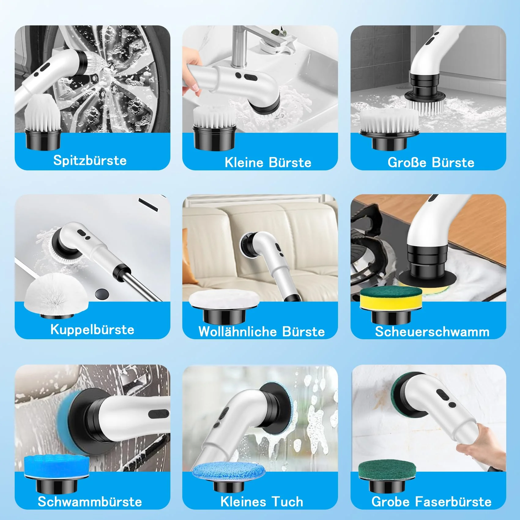 Elektrische Reinigungsbürste, 9 in 1 Elektrische Reinigungsbürste Haushalt 2 Modi Elektrischer Spin Scrubber Electric Cleaning Brush mit 34-130cm, Duschreiniger Bürste für Bad Küche fliesenund Auto - Image 7