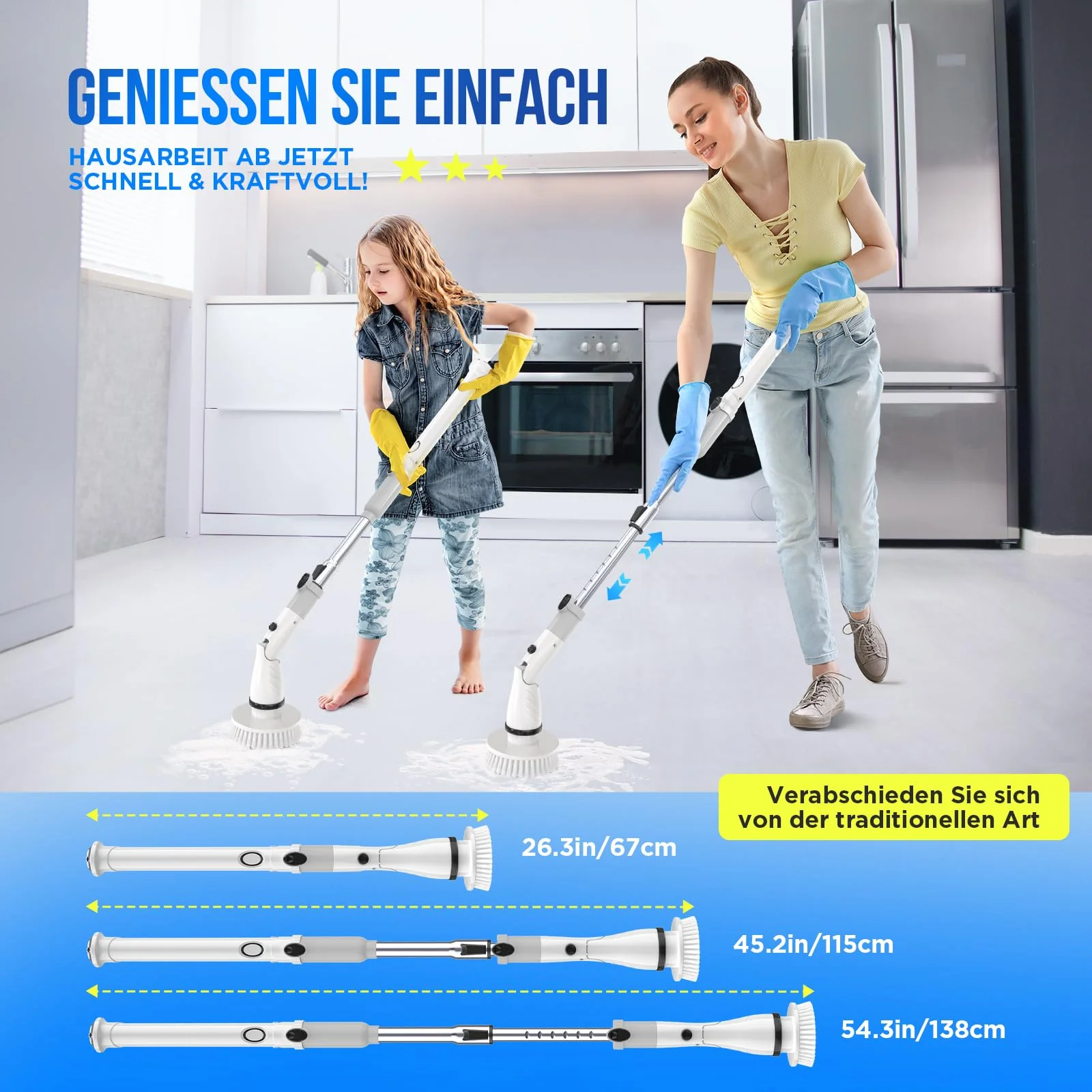 Elektrische Reinigungsbürste Spin Power Schrubber - Electric Kabelloser Putzbürste mit 4 Austauschbaren Bohrbürstenköpfen und Verstellbarer Griff Cleaning Brush Schnurlos für Fliesenboden Küche Bad - Image 2