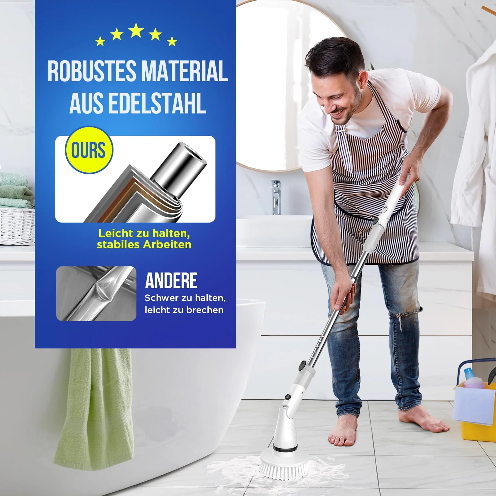 Elektrische Reinigungsbürste Spin Power Schrubber - Electric Kabelloser Putzbürste mit 4 Austauschbaren Bohrbürstenköpfen und Verstellbarer Griff Cleaning Brush Schnurlos für Fliesenboden Küche Bad - Image 7
