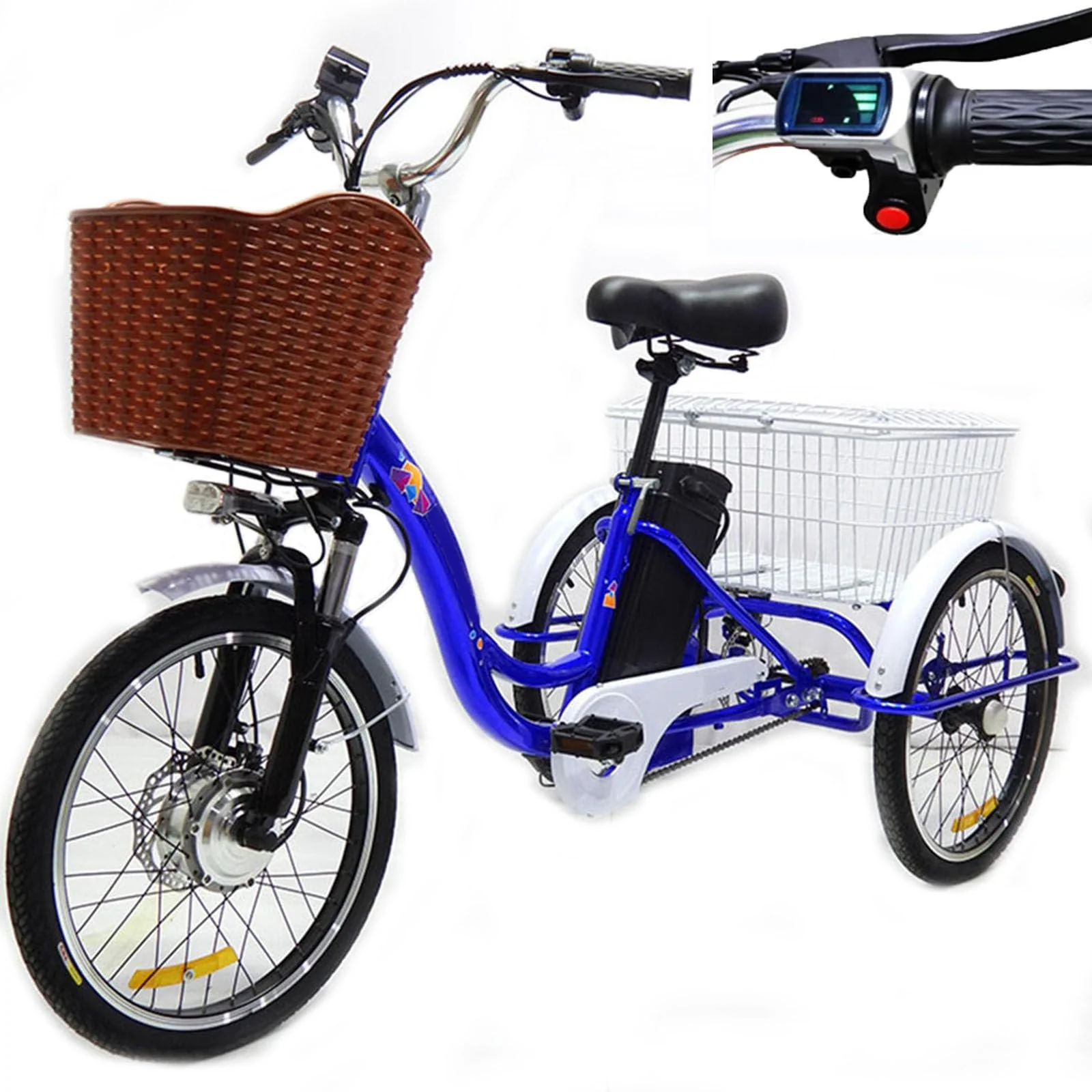 Elektrofahrrad Für Erwachsene: 20 Zoll Dreirad Mit 7 Gängen, 150 Kg Belastung, Großer Korb, Hupe + LED-Scheinwerfer, Für Tägliche Fahrten, Einkaufen Und Den Transport Von Waren Nach Hause Blue