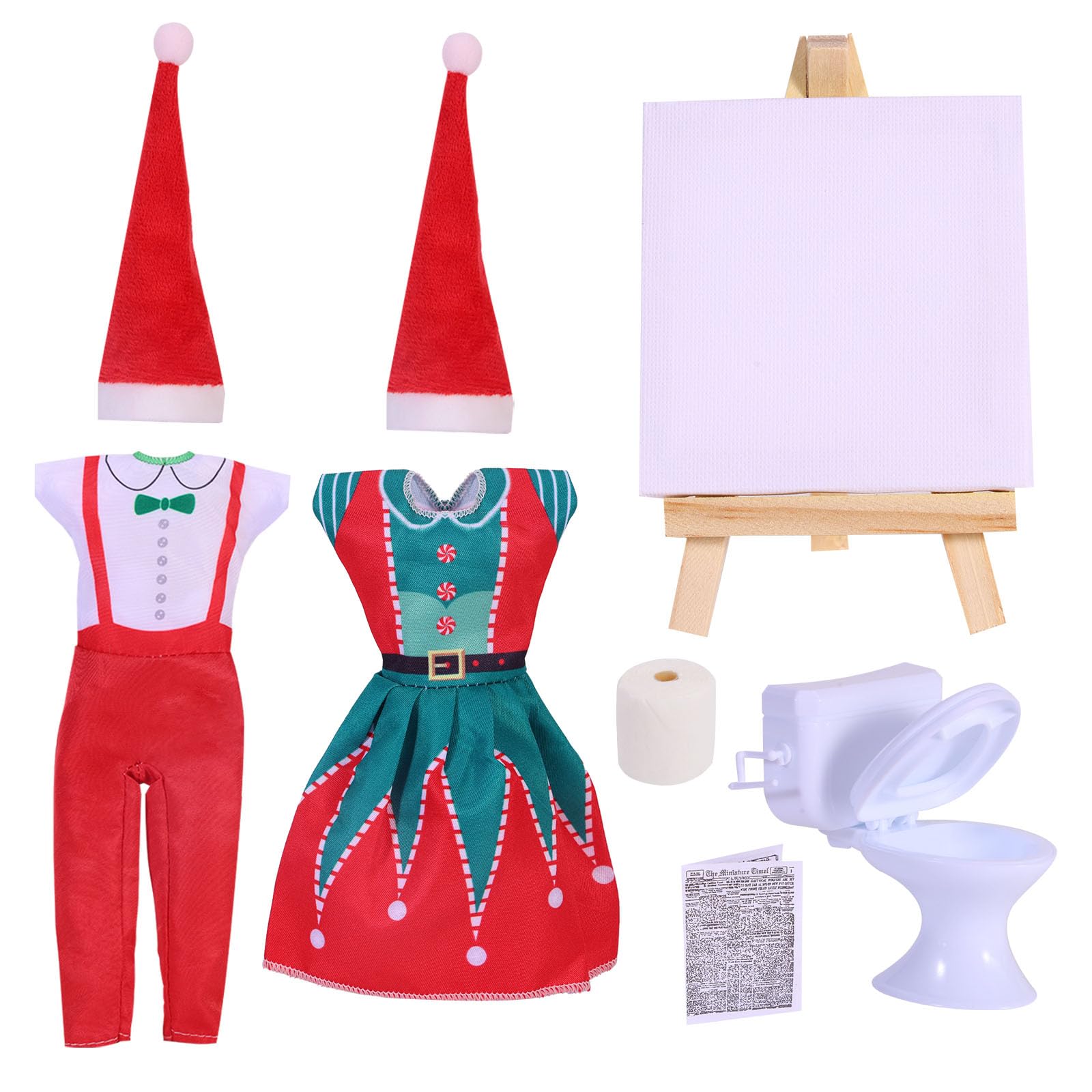 Elfenpuppen Kleidungszubehör Set, Weihnachtselfen Puppe Kostüm Zubehör, mit Zeichenbrettständer Toiletten Zeitungen Papierhandtücher, Miniatur Wichtel Zubehör für Elfenpuppendeko (C)