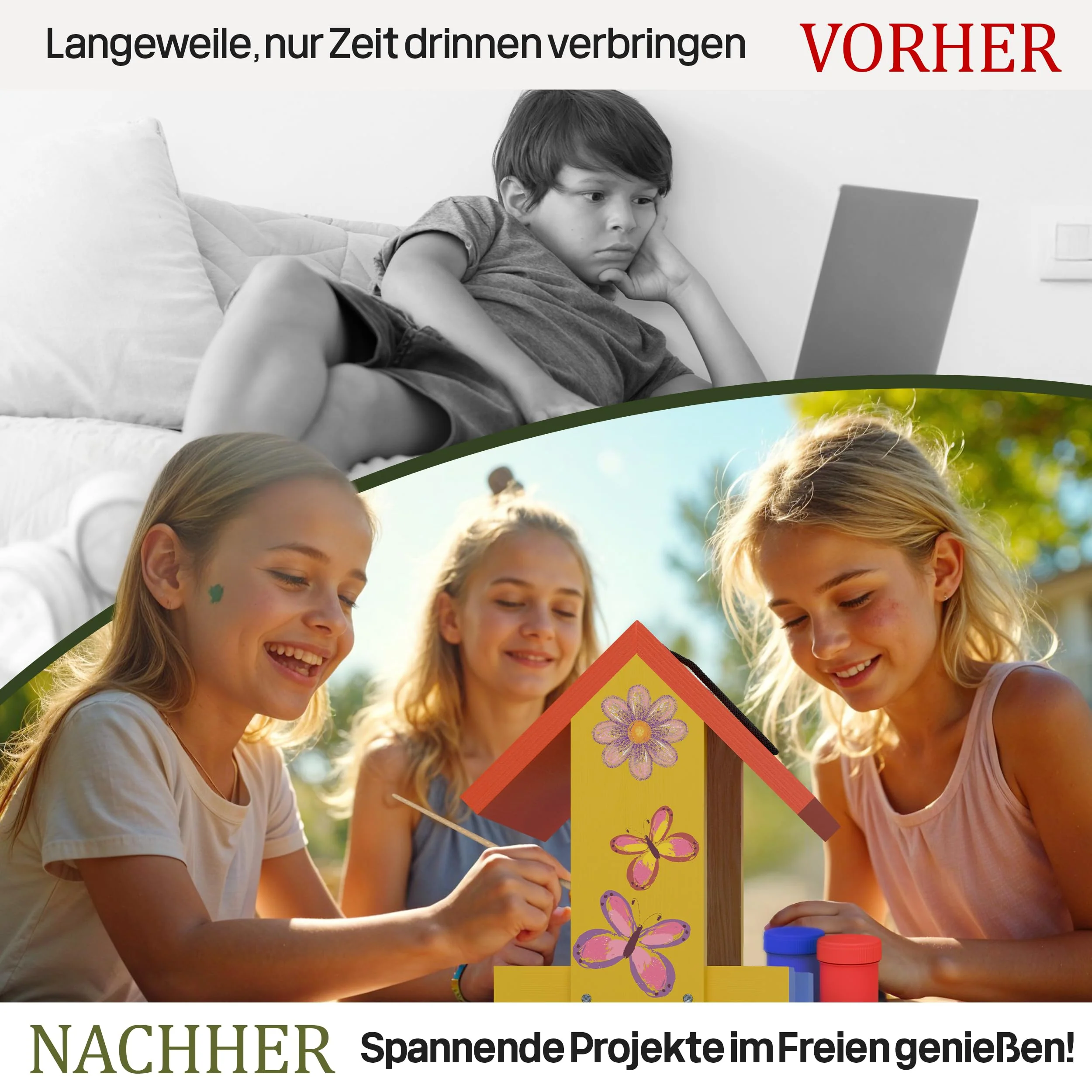 Eli® Vogelfutterhaus Bausatz für Kinder aus Kiefernholz zum bemalen inkl. 6 Farben - Pinsel - Hammer - kreative Schablonen - Vorlagen und Nägel - Nistkasten - Image 5