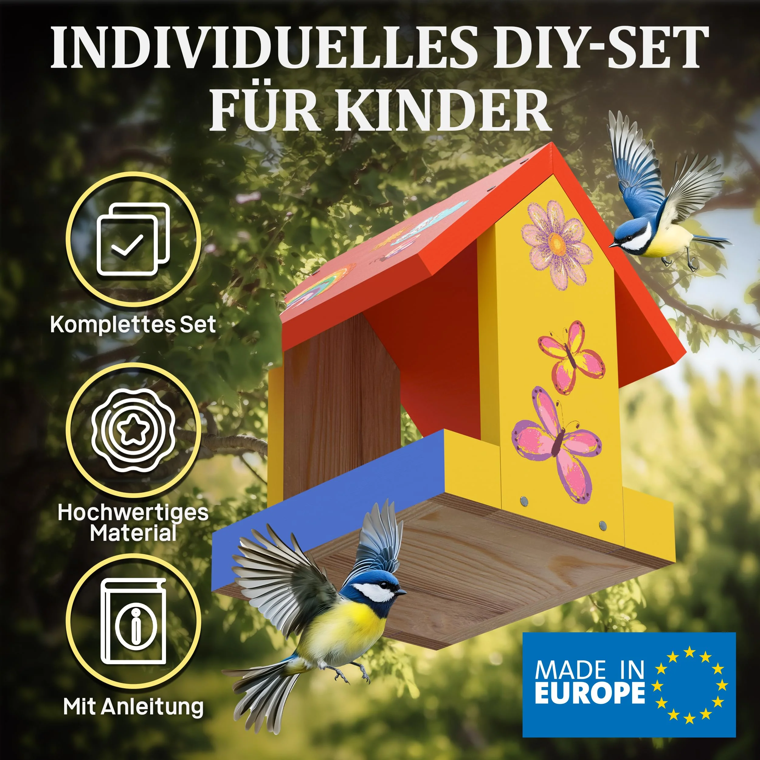 Eli® Vogelfutterhaus Bausatz für Kinder aus Kiefernholz zum bemalen inkl. 6 Farben - Pinsel - Hammer - kreative Schablonen - Vorlagen und Nägel - Nistkasten - Image 6
