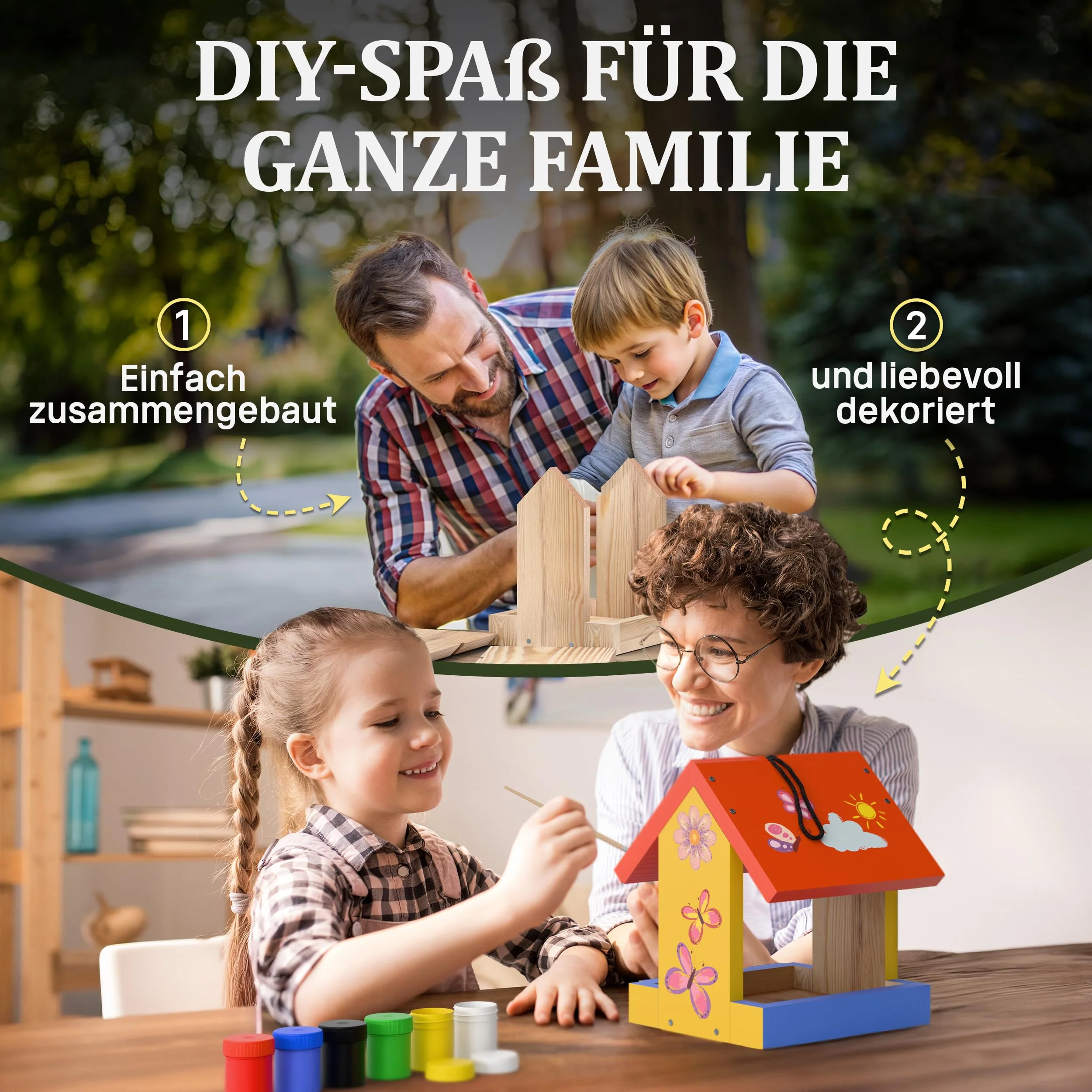 Eli® Vogelfutterhaus Bausatz für Kinder aus Kiefernholz zum bemalen inkl. 6 Farben - Pinsel - Hammer - kreative Schablonen - Vorlagen und Nägel - Nistkasten - Image 7