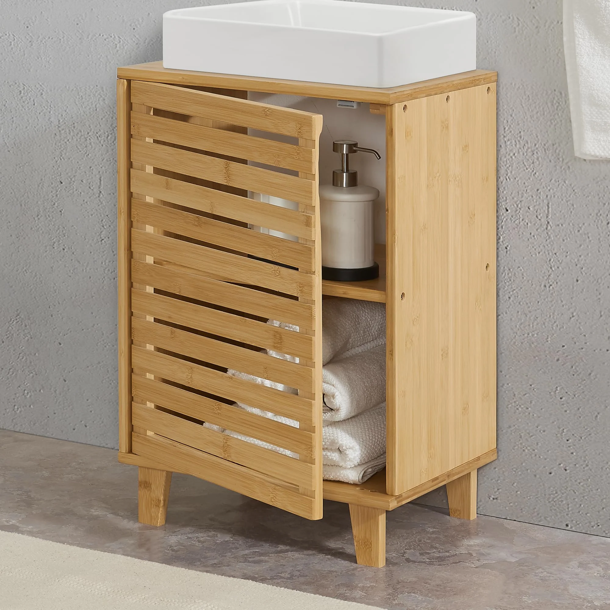 [en.casa] Waschbeckenunterschrank Iveland Badezimmerschrank Badschrank Waschtischunterschrank mit 1 Tür und 2 Ablagefächern 60x40x30cm Bambus - Image 4