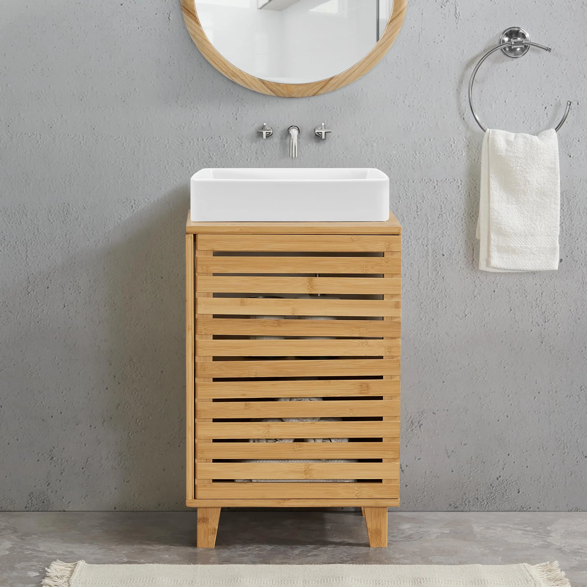 [en.casa] Waschbeckenunterschrank Iveland Badezimmerschrank Badschrank Waschtischunterschrank mit 1 Tür und 2 Ablagefächern 60x40x30cm Bambus - Image 7