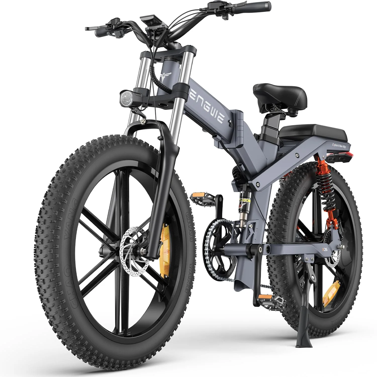 ENGWE X24/X26 E Bike Klapprad Elektrofahrrad mit 24''/26" x 4.0 Fat-Reifen Dualer herausnehmbarer Akku 48V 19.2AH/+10AH Reichweite 100/150km, 3 Federungen (X26 Doppelter Akku 19.2AH+10AH, Grau)