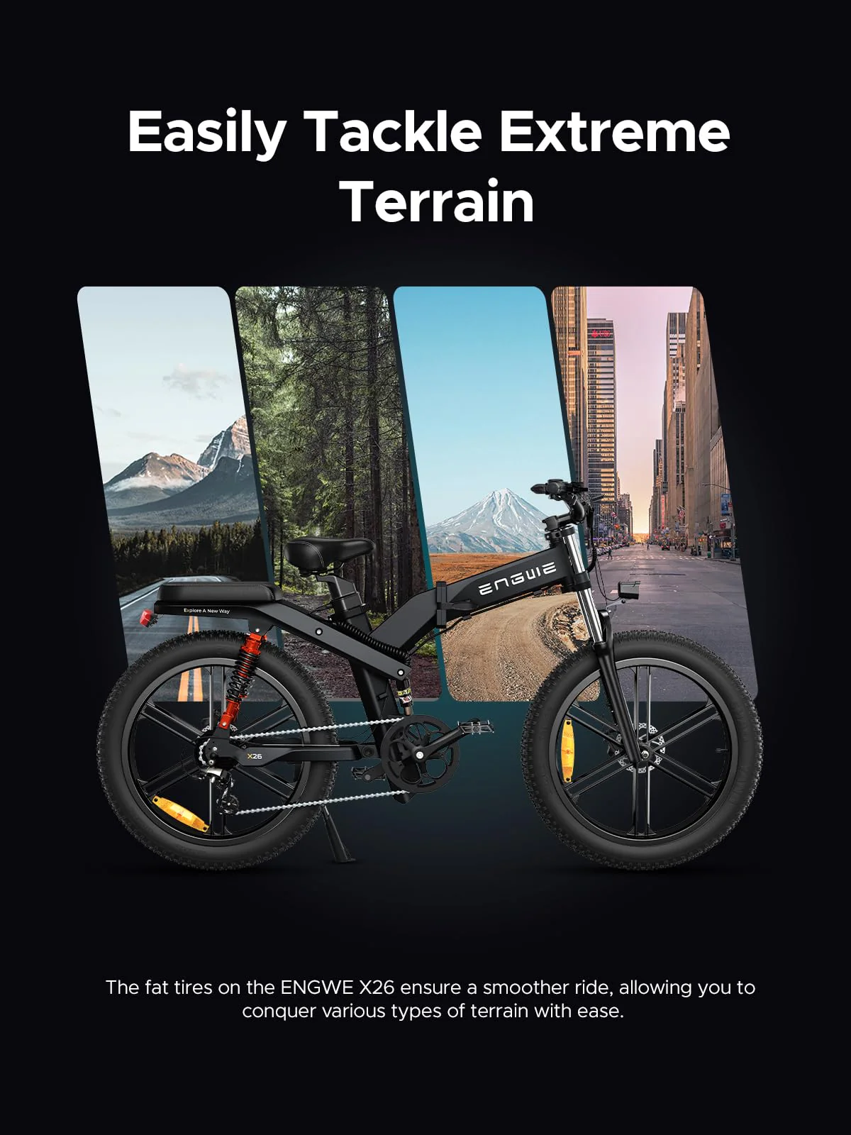 ENGWE X24/X26 E Bike Klapprad Elektrofahrrad mit 24''/26" x 4.0 Fat-Reifen Dualer herausnehmbarer Akku 48V 19.2AH/+10AH Reichweite 100/150km, 3 Federungen (X26 Doppelter Akku 19.2AH+10AH, Grau) - Image 4