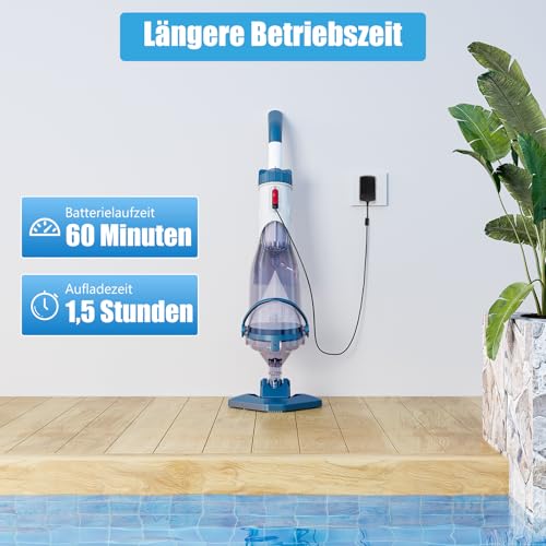 Enhulk Poolsauger Akku, Pool Bodensauger mit Betriebsdauer bis zu 60 Minuten, 222cm Teleskopstange, Poolreiniger mit 4 Filter, Absaugung bis zu 4200L/H, Ideal für oberirdische Pools/Spas usw, Blau - Image 3