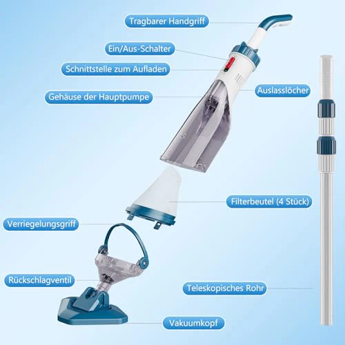 Enhulk Poolsauger Akku, Pool Bodensauger mit Betriebsdauer bis zu 60 Minuten, 222cm Teleskopstange, Poolreiniger mit 4 Filter, Absaugung bis zu 4200L/H, Ideal für oberirdische Pools/Spas usw, Blau - Image 7