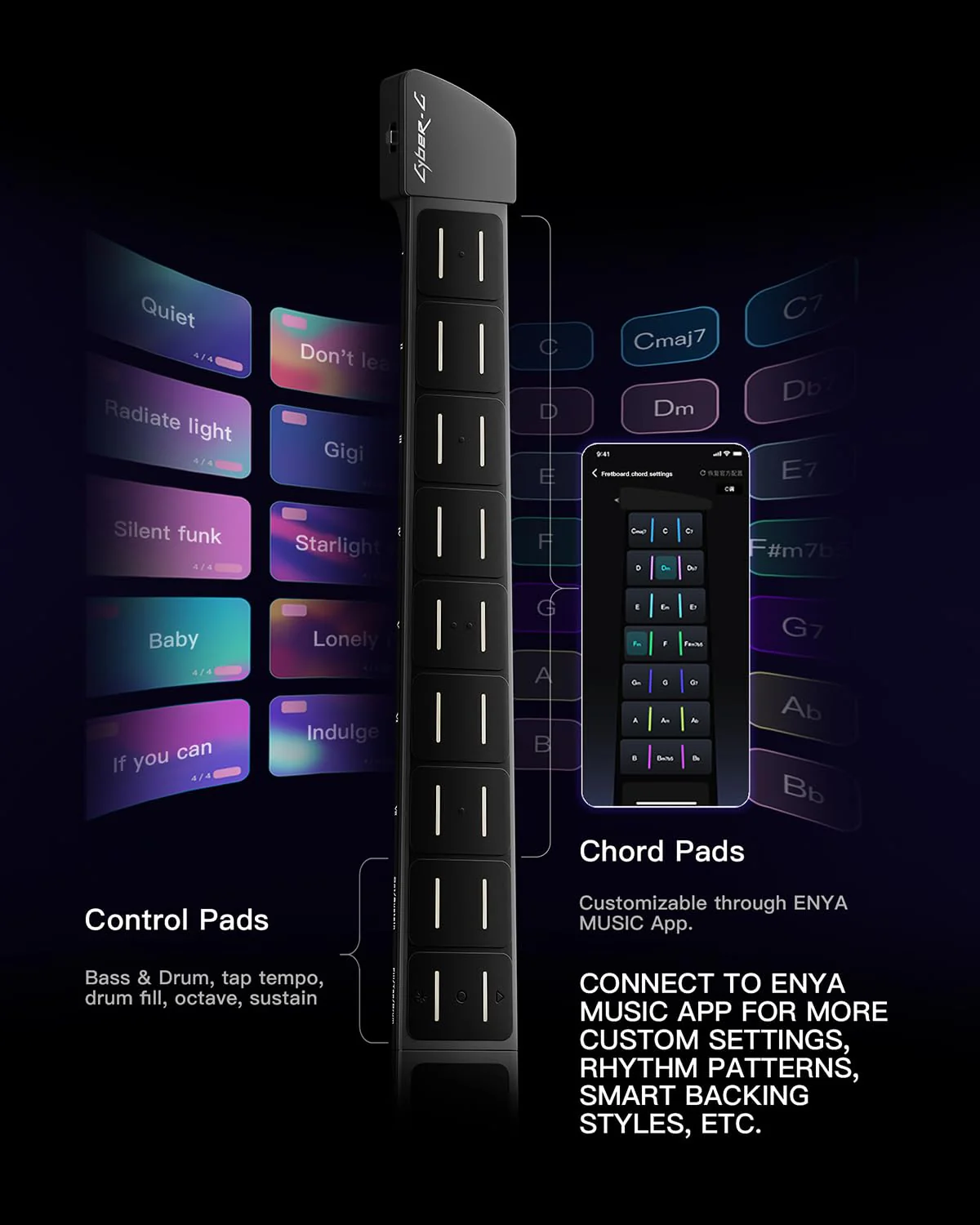Enya Saitenlose Smart-Gitarre mit Akkordgenerator, integrierter Drum-Maschine & Basslinie, 20 Instrumentenklänge, darunter E-Gitarre, Akustik-E-Gitarre, Digitalpiano usw. App-interaktive Akkordsheets - Image 3