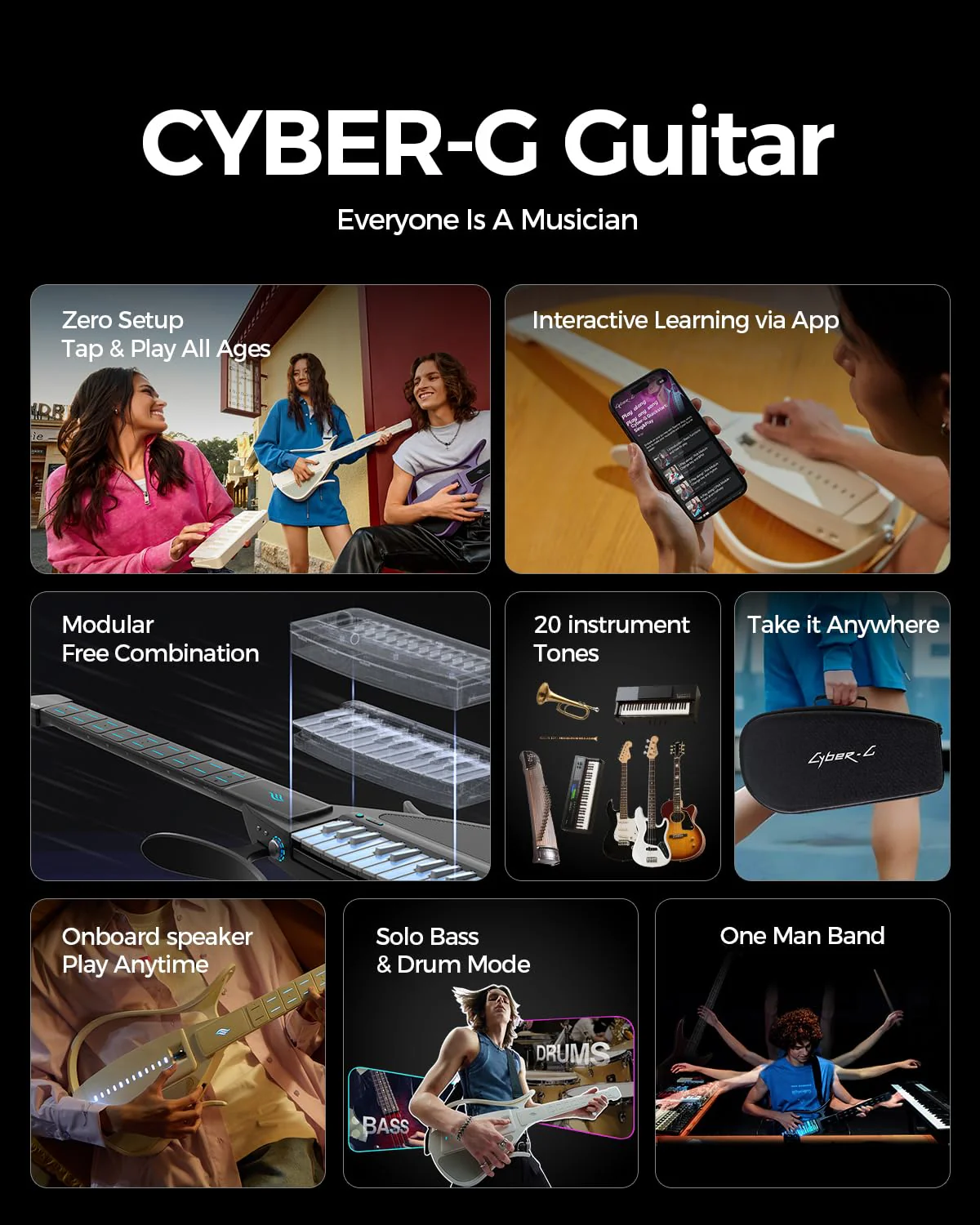 Enya Saitenlose Smart-Gitarre mit Akkordgenerator, integrierter Drum-Maschine & Basslinie, 20 Instrumentenklänge, darunter E-Gitarre, Akustik-E-Gitarre, Digitalpiano usw. App-interaktive Akkordsheets - Image 8