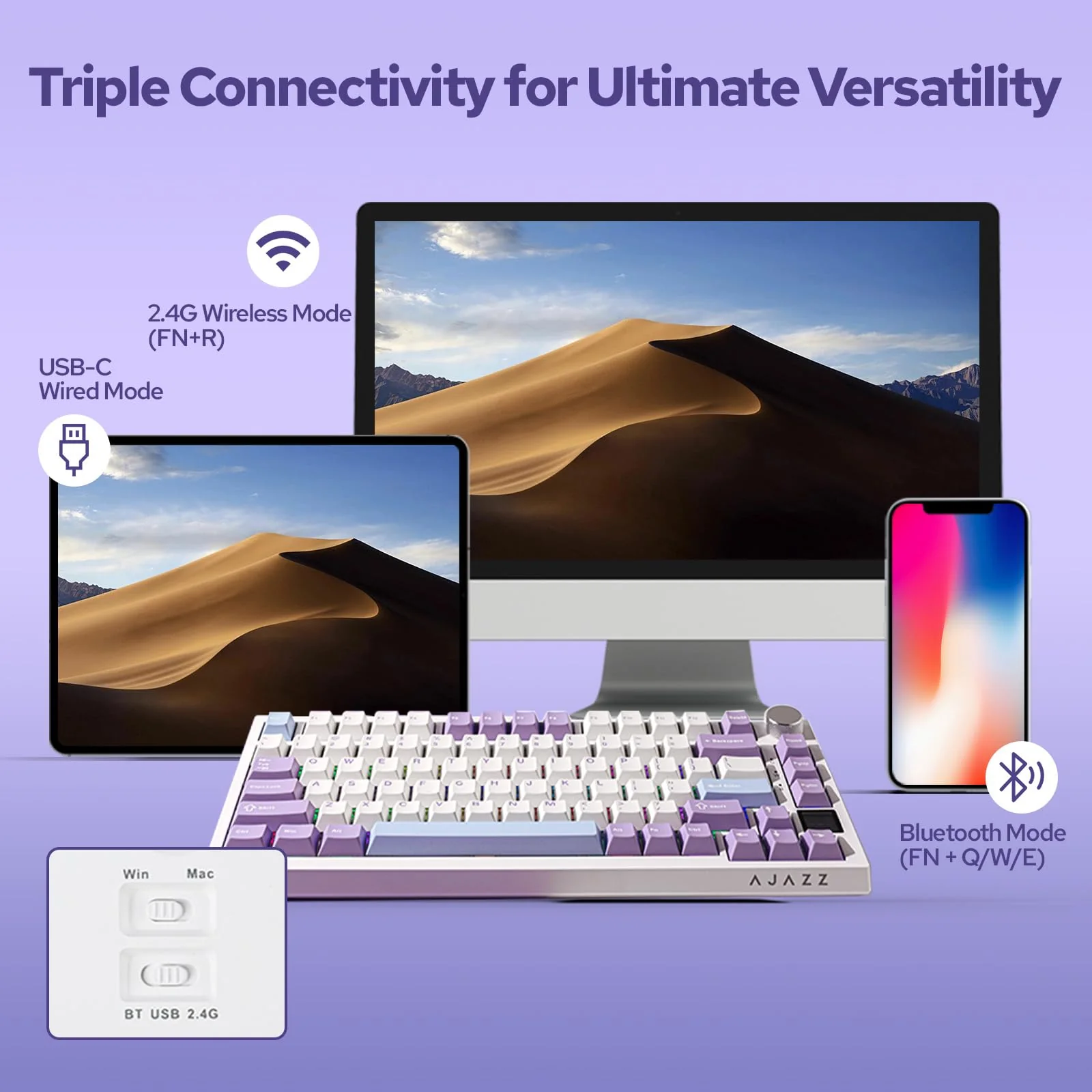 EPOMAKER Ajazz AK820 Pro Gasket Mechanische Tastatur mit Kabel/Bluetooth/kabellos, TFT Bildschirm, beleuchtet RGB, Schalldümpfende Foam für Win/Mac/PC (White Purple, Ajazz Gift Switch)