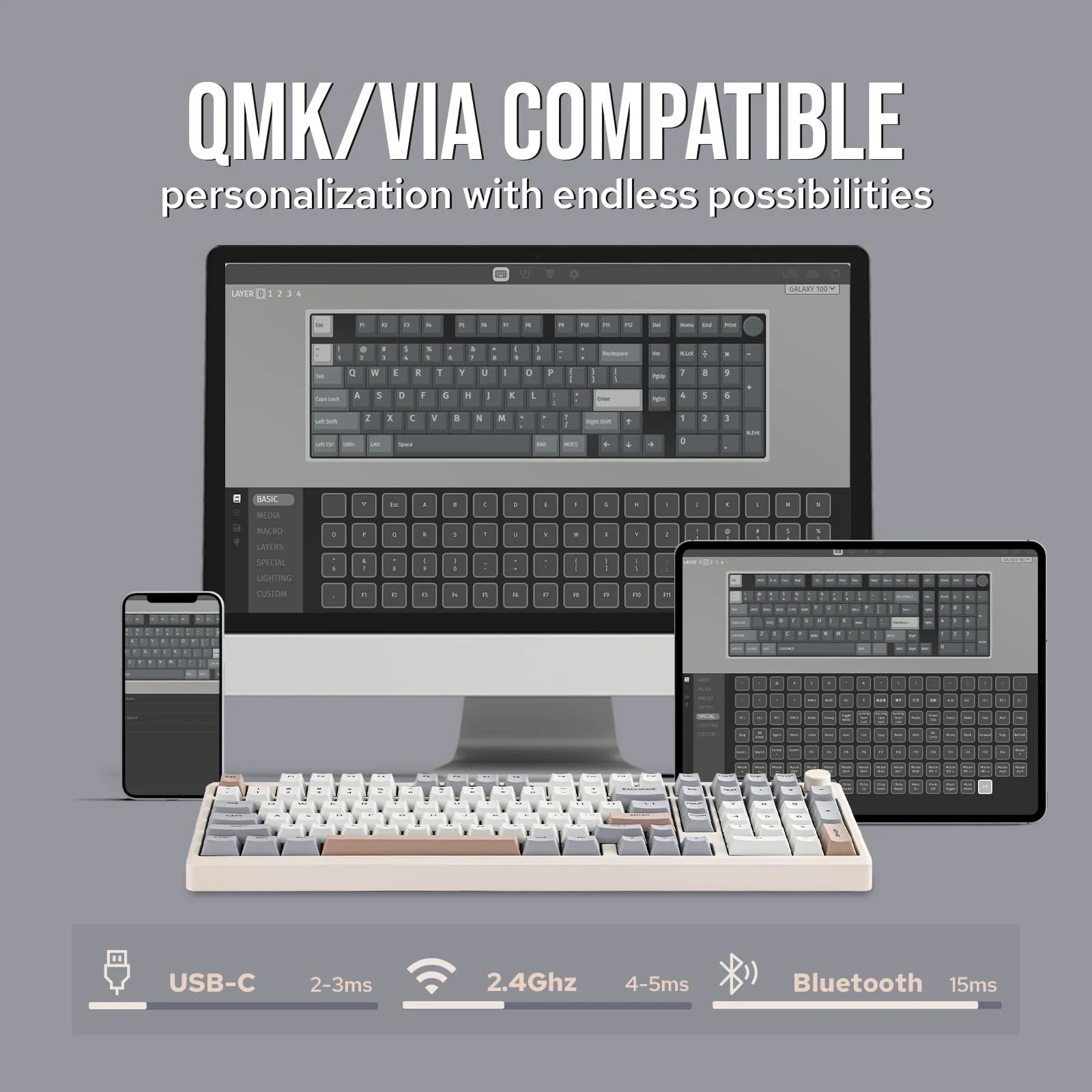 EPOMAKER Galaxy100 QMK/VIA Mechanische Tastatur aus Aluminium mit 8000mAh, 96% Gaming Tastatur mit Nummernblock, USB-C/BT5.0/2,4GHz kabellos und Hot-Swap Tastatur (Retro, Marble White Switch) - Image 4