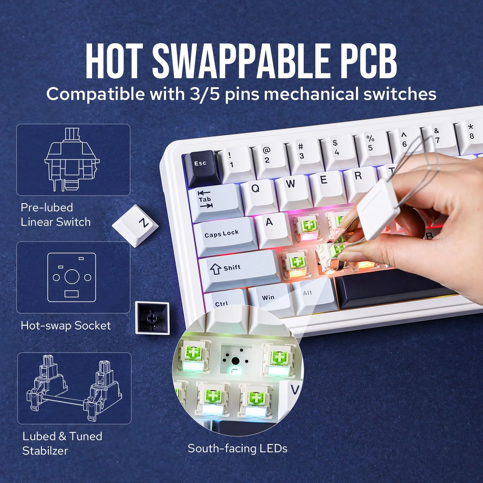 EPOMAKER x Aula F65 Mechanische Tastatur Kabellose, Custom Gaming Tastatur Gasket mit Hot-Swap-fähige, RGB, Bluetooth/2,4 GHz/Kabel, geschmierte lineare Schalter (Eisiges Blau, Reaper Switch)
