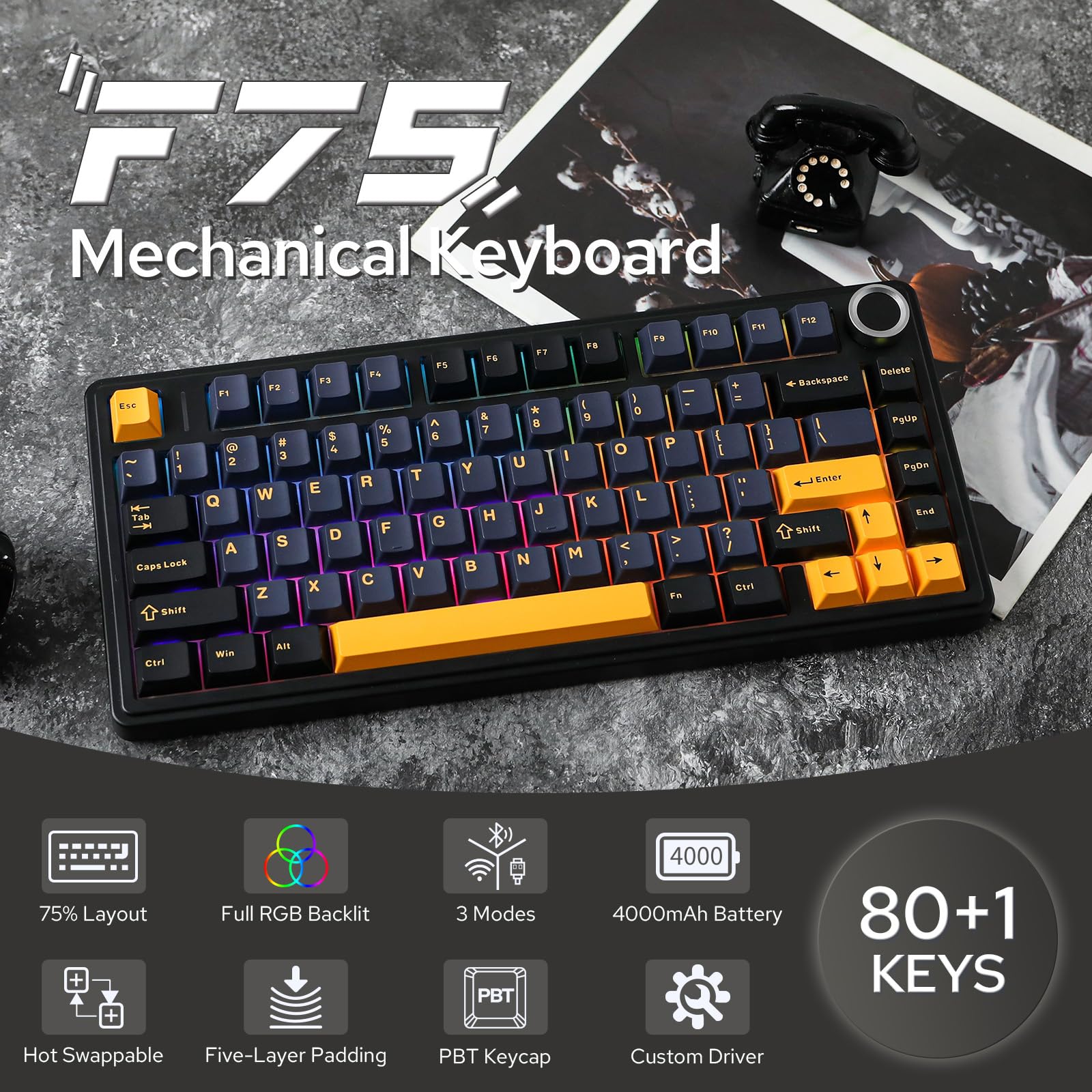 EPOMAKER x Aula F75 Gasket Mechanische Tastatur, 75% Hot swap-fühige Gaming-Tastatur mit Fünf-Schicht-Polsterung&Knopf, Bluetooth/Wireless/USB-C, RGB (Black, LEOBOG Reaper Switch) - Image 4