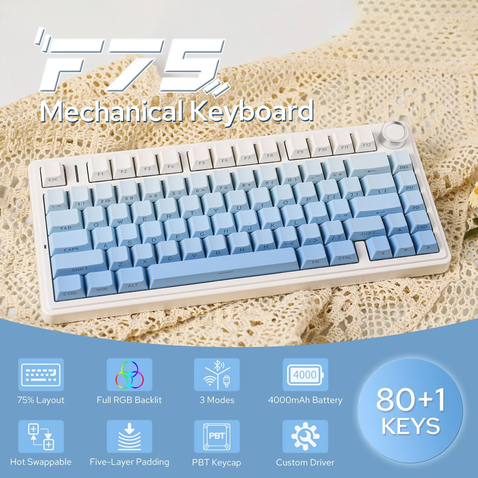 EPOMAKER x Aula F75 Gasket Mechanische Tastatur, 75% Hot swap-fühige Gaming-Tastatur mit Fünf-Schicht-Polsterung&Knopf, Bluetooth/Wireless/USB-C, RGB (Blue Ombre, LEOBOG Reaper Switch) - Image 2