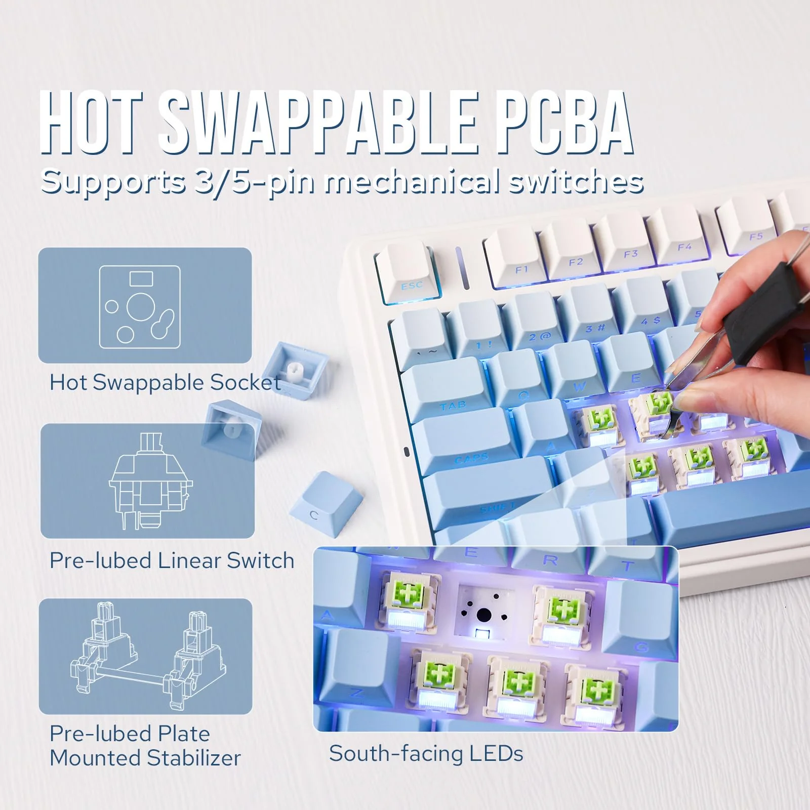 EPOMAKER x Aula F75 Gasket Mechanische Tastatur, 75% Hot swap-fühige Gaming-Tastatur mit Fünf-Schicht-Polsterung&Knopf, Bluetooth/Wireless/USB-C, RGB (Blue Ombre, LEOBOG Reaper Switch) - Image 5