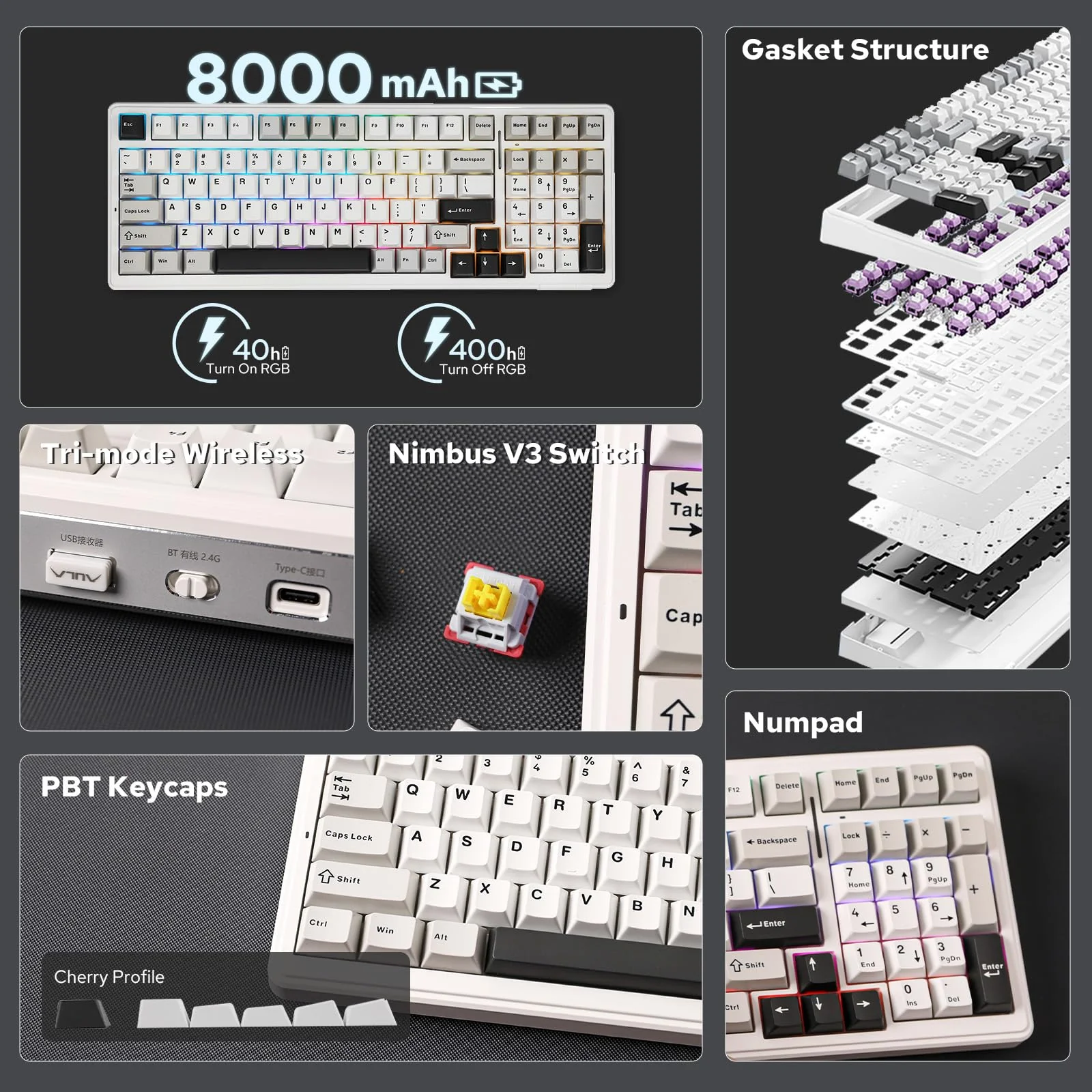 EPOMAKER x Aula F99 Kabellose mechanische Tastatur, Tastatur Gasket mit Hot-Swap, Polsterung, Bluetooth, 8000 mAh, NKRO, RGB, für Gaming/Win/Mac(F99 Grey, Nimbus Switch) - Image 8