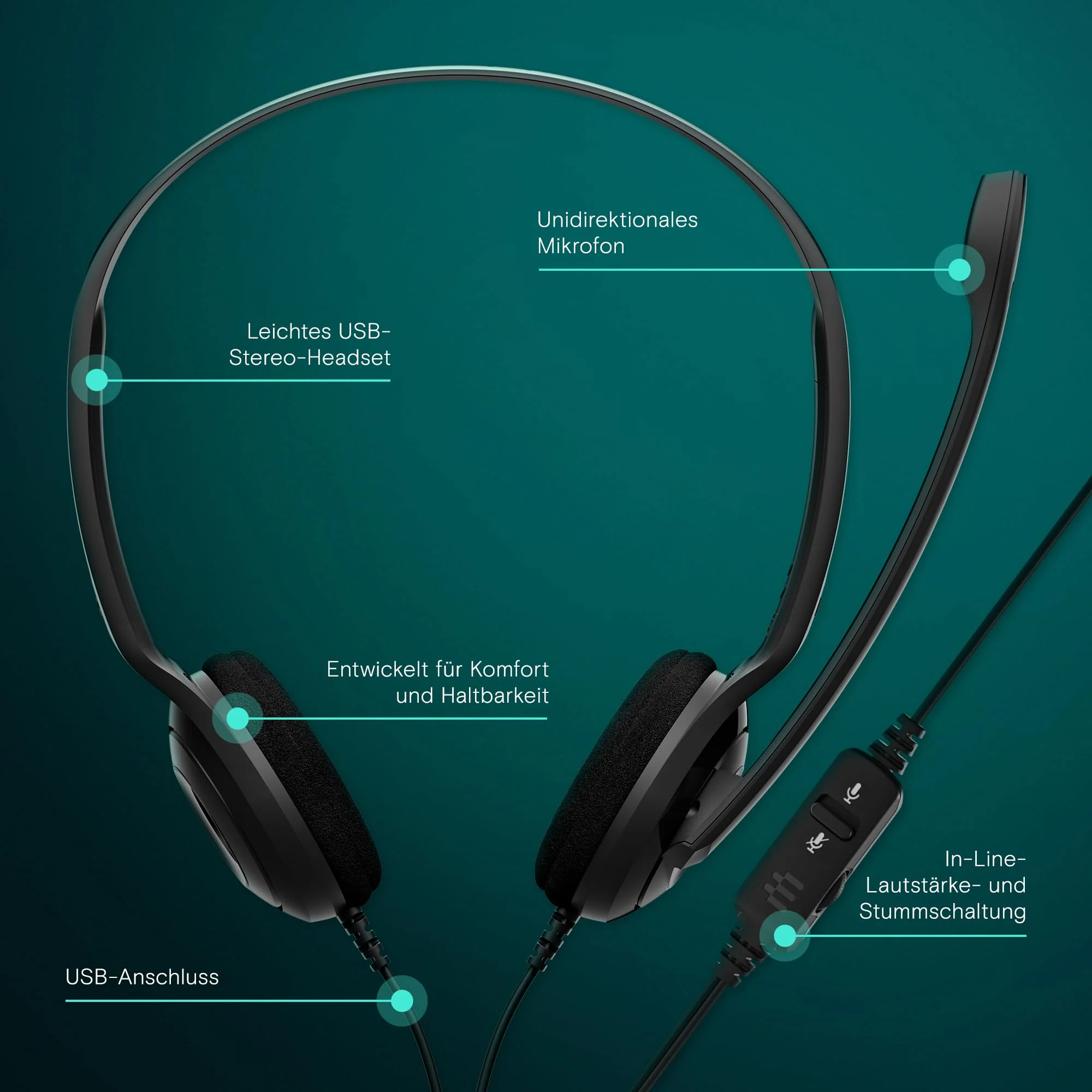 EPOS PC 8 USB On-Ear-Stereo Wired Headset mit Mikrofon, Kopfhörer mit Kabel, Inline-Lautstärke, Stummschaltung, Mikrofon-Rauschunterdrückung, Hochwertig, für Laptop, PC, Mac - Online-Anrufe Unterric - Image 2