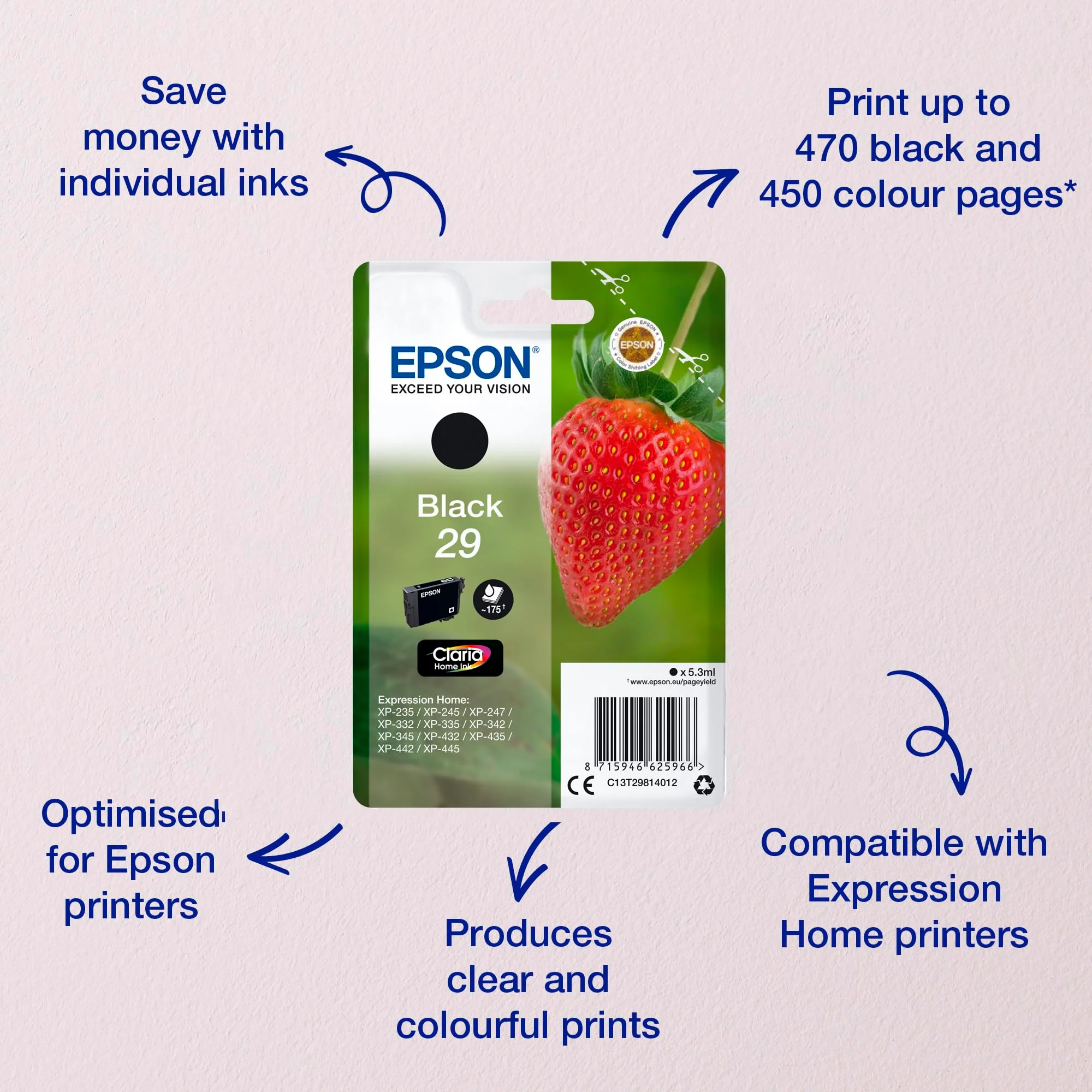 Epson 235M206 Original 29 Tinte Erdbeere, XP-235 XP-332XP-335XP-432XP-435XP-245XP-342XP-345XP-442XP-445XP-247XP-257XP-255XP-352XP-355XP-452XP-455,(schwarz) , 1er Pack - Image 5