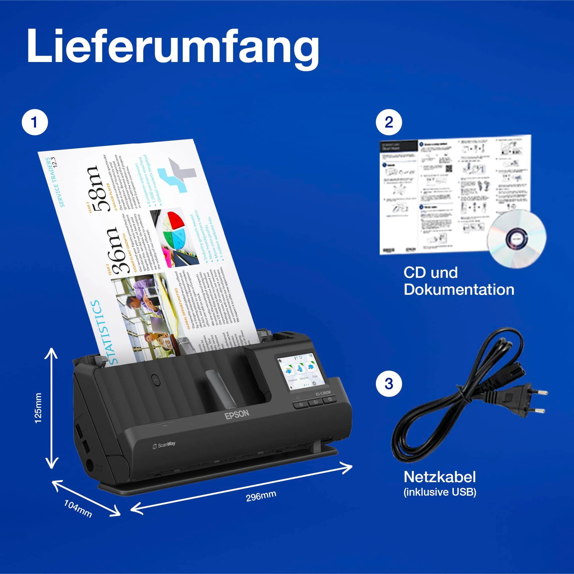 Epson Netzwerk Scanner ES-C380W, kompakter A4 Business Scanner mit geringem Stromverbrauch, Duplex-Einzugscanner mit vielseitiger Medienverarbeitung, schwarz