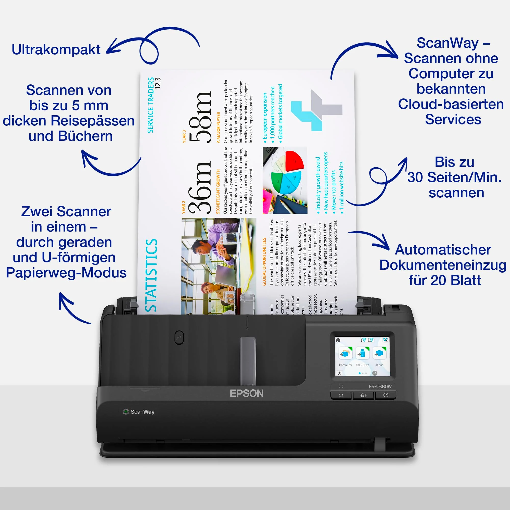 Epson Netzwerk Scanner ES-C380W, kompakter A4 Business Scanner mit geringem Stromverbrauch, Duplex-Einzugscanner mit vielseitiger Medienverarbeitung, schwarz - Image 6