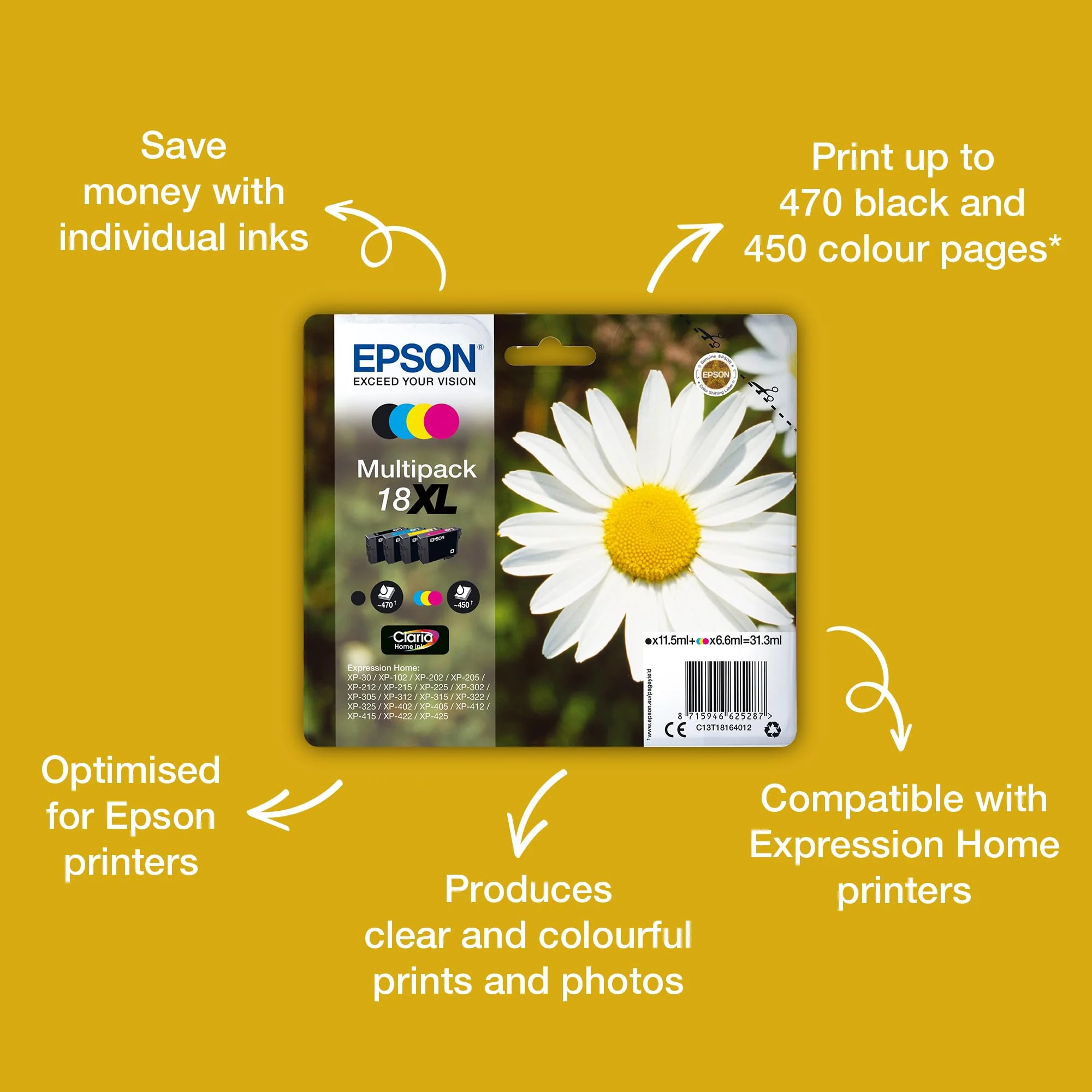 Epson Orginal 18 Tinte Gänseblümchen, XP-305 XP-402 XP-215 XP-312 XP-315 XP-412 XP-415 XP-225 XP-322 XP-325 XP-422 XP-425,Normalverpackung,Standard, (Multipack, 4-farbig) - Image 4