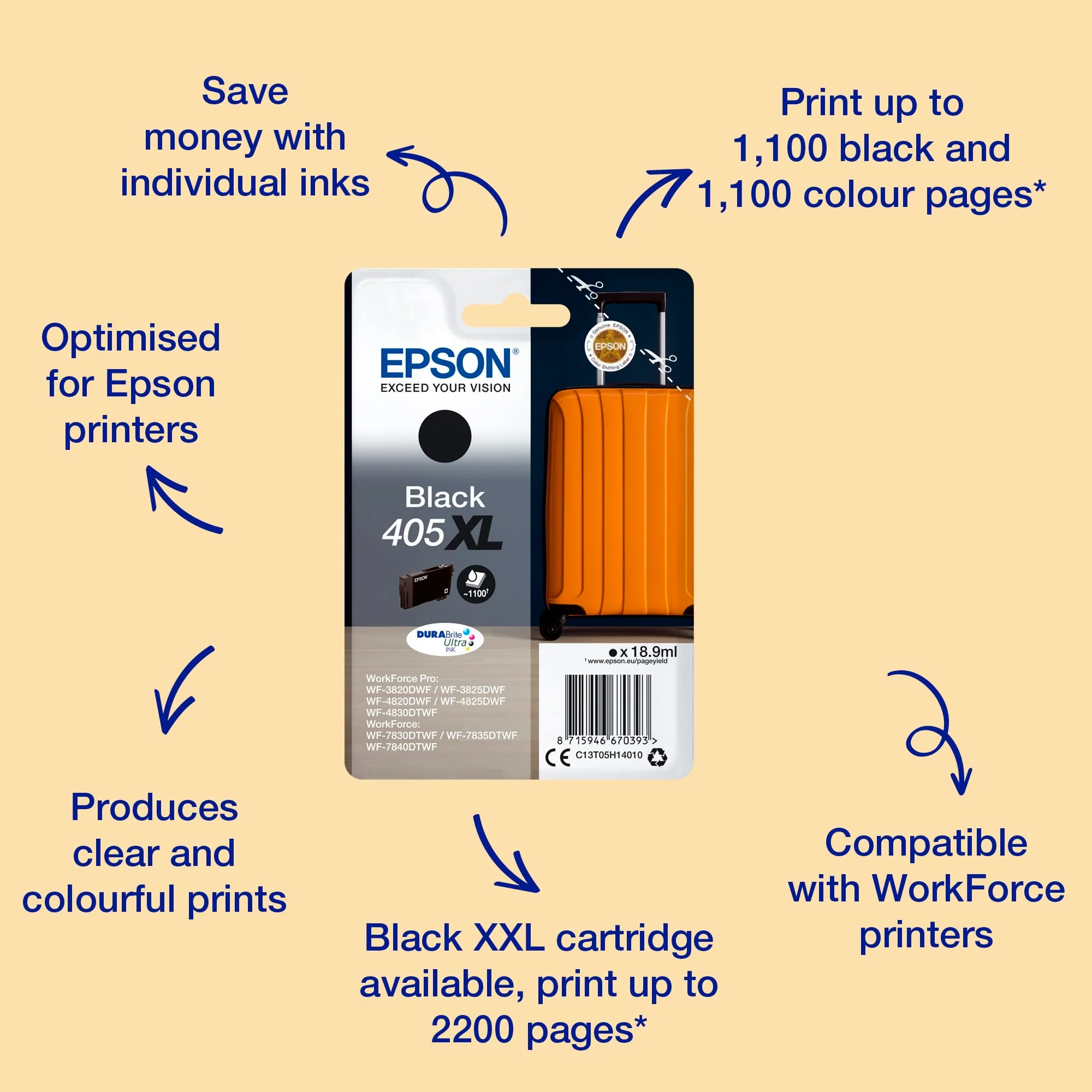 Epson Orginal 405XL Tinte Koffer Singlepack schwarz XL WF-3820DWF WF-3825DWF WF-4820DWF WF-4825DWF WF-4830DTWF WF-7830DTWF WF-7835DTWF WF-7840DTWF DURABrite Ultra Ink, ReadyPrint Flex-Tintentarife - Image 5