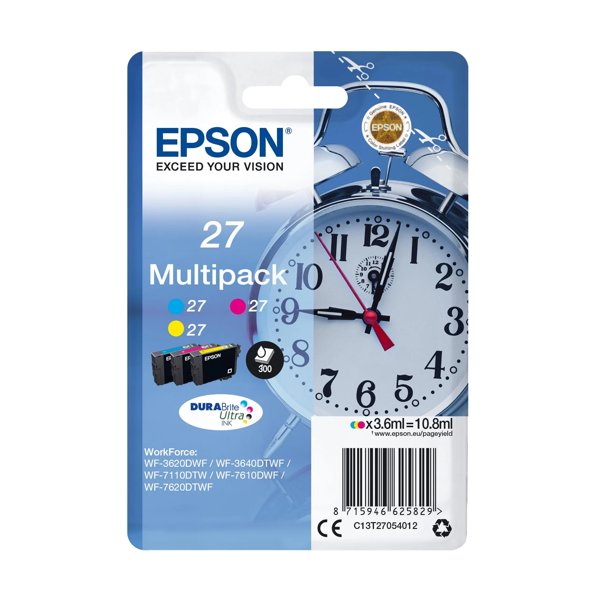 Epson Original 27 Tinte Wecker (WF-3620DWF, WF-3640DTWF, WF-7110DTW, WF-7210DTW, WF-7610DWF, WF-7620DTWF, WF-7710DWF, WF-7715DWF, WF-7720DTWF), Multipack 3-farbig - Image 7