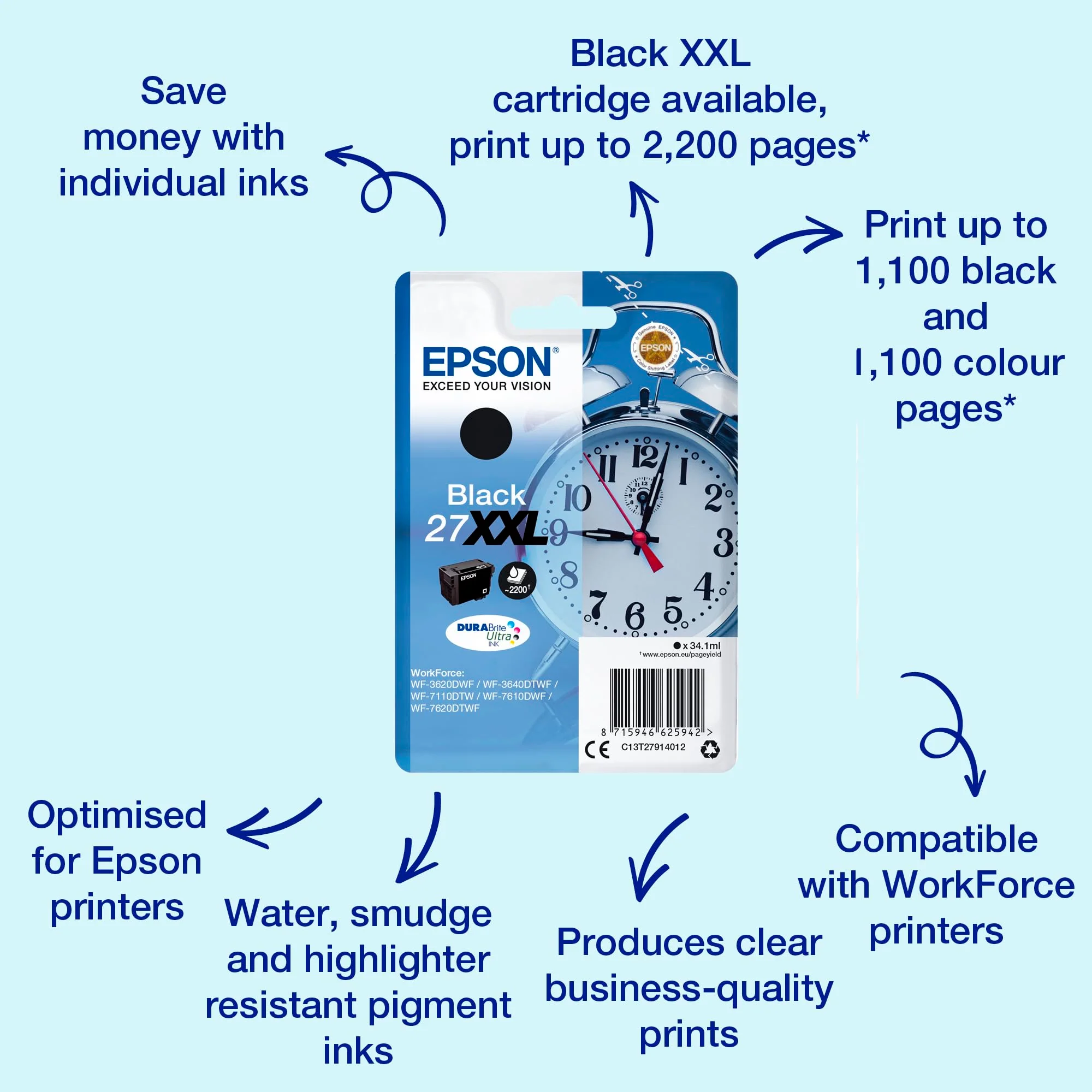 Epson Original 27XXL Tinte Wecker (WF-3620DWF, WF-3640DTWF, WF-7110DTW, WF-7210DTW, WF-7610DWF, WF-7620DTWF, WF-7710DWF, WF-7715DWF, WF-7720DTWF), schwarz - Image 3