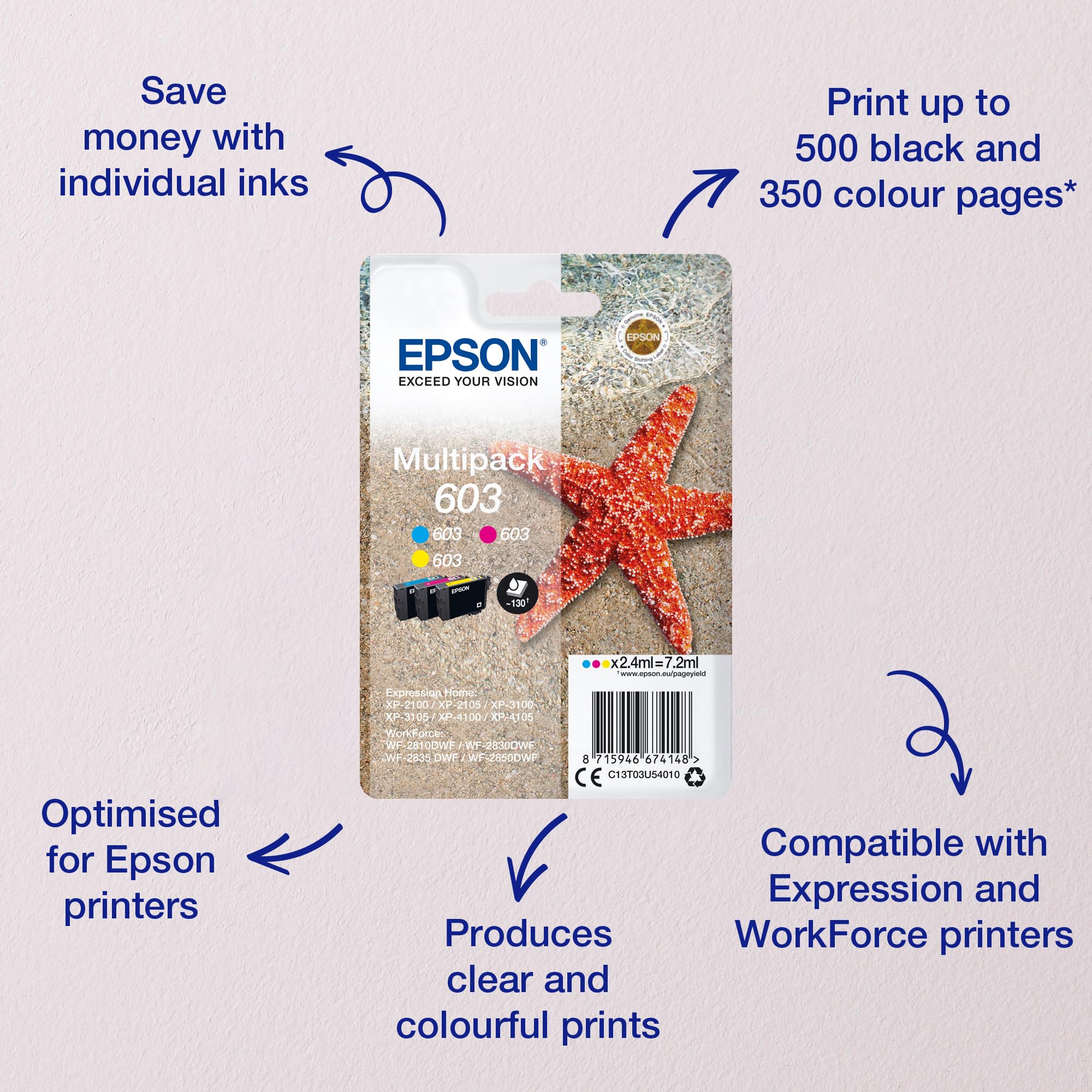 Epson Original 603 Tinte Seestern, Multipack 3-farbig Standard, WF-2820DWF WF-2830DWF WF-2840DWF WF-2850DWF XP-2100 XP-2150 XP-3100 XP-3150 XP-4100 XP-4150, ReadyPrint Flex-Tintentarife - Image 2