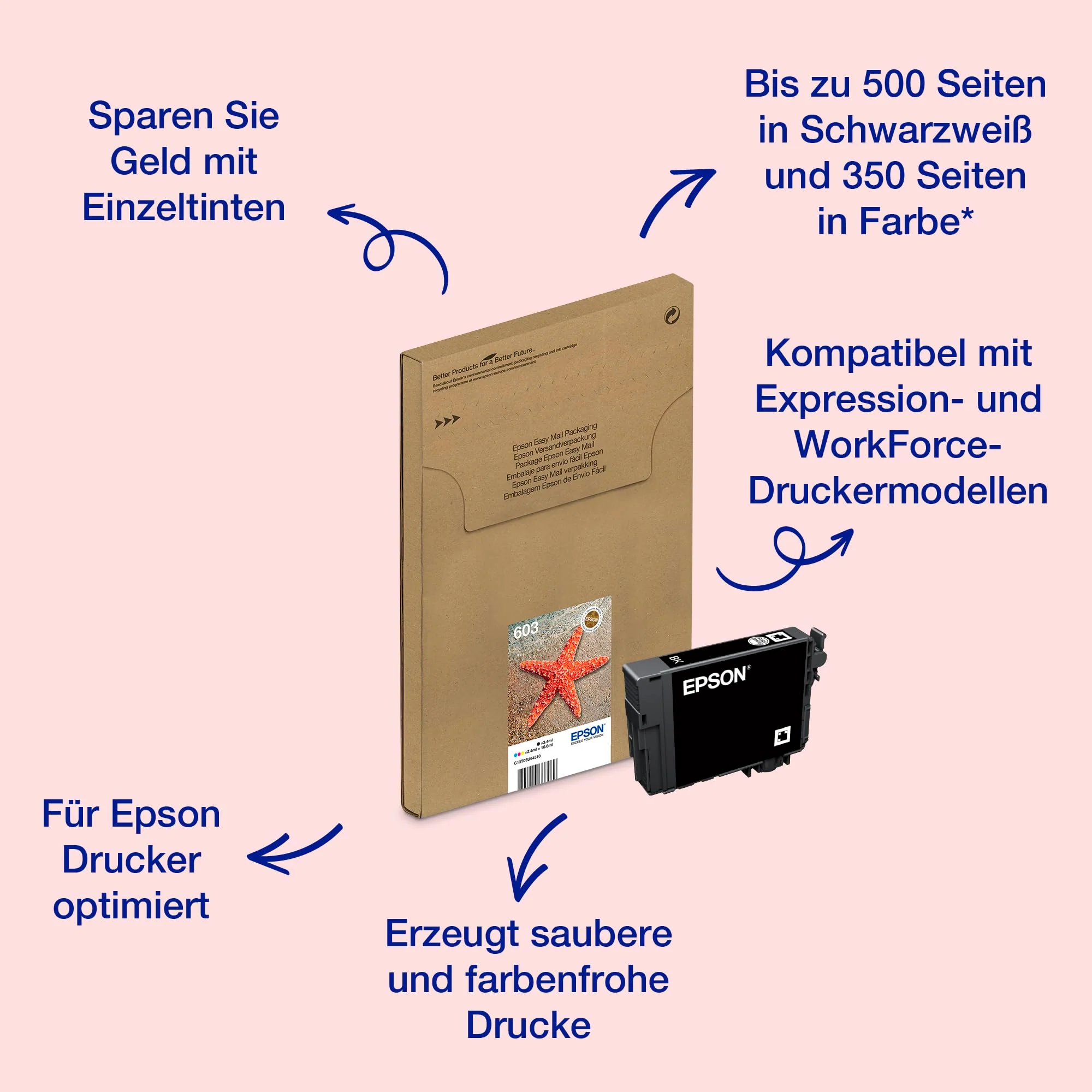 Epson Original 603 Tinte Seestern Multipack 4-farbig Standard, WF-2820DWF WF-2830DWF WF-2840DWF WF-2850DWF XP-2100 XP-2150 XP-3100 XP-3150 XP-4100 XP-4150, EasyMail, ReadyPrint Flex-Tintentarife - Image 5