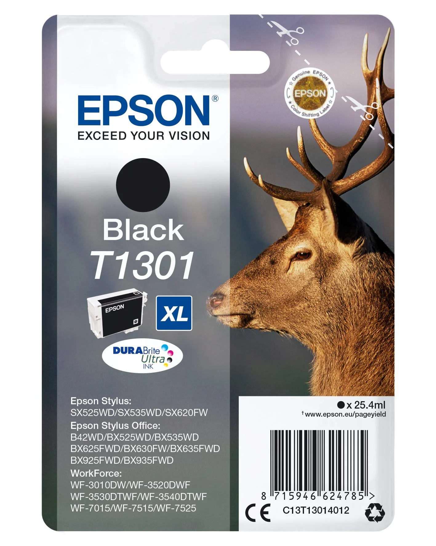 Epson Original T1301 Tinte Hirsch (SX420W BX320FW SX620FW BX/SX525WD BX625FWD BX305FW B42WD BX925FWD BX635FWD BX535WD SX435/440W BX630FW SX235W WF7015 7515 7525 3010 3520 3540) schwarz - Image 2