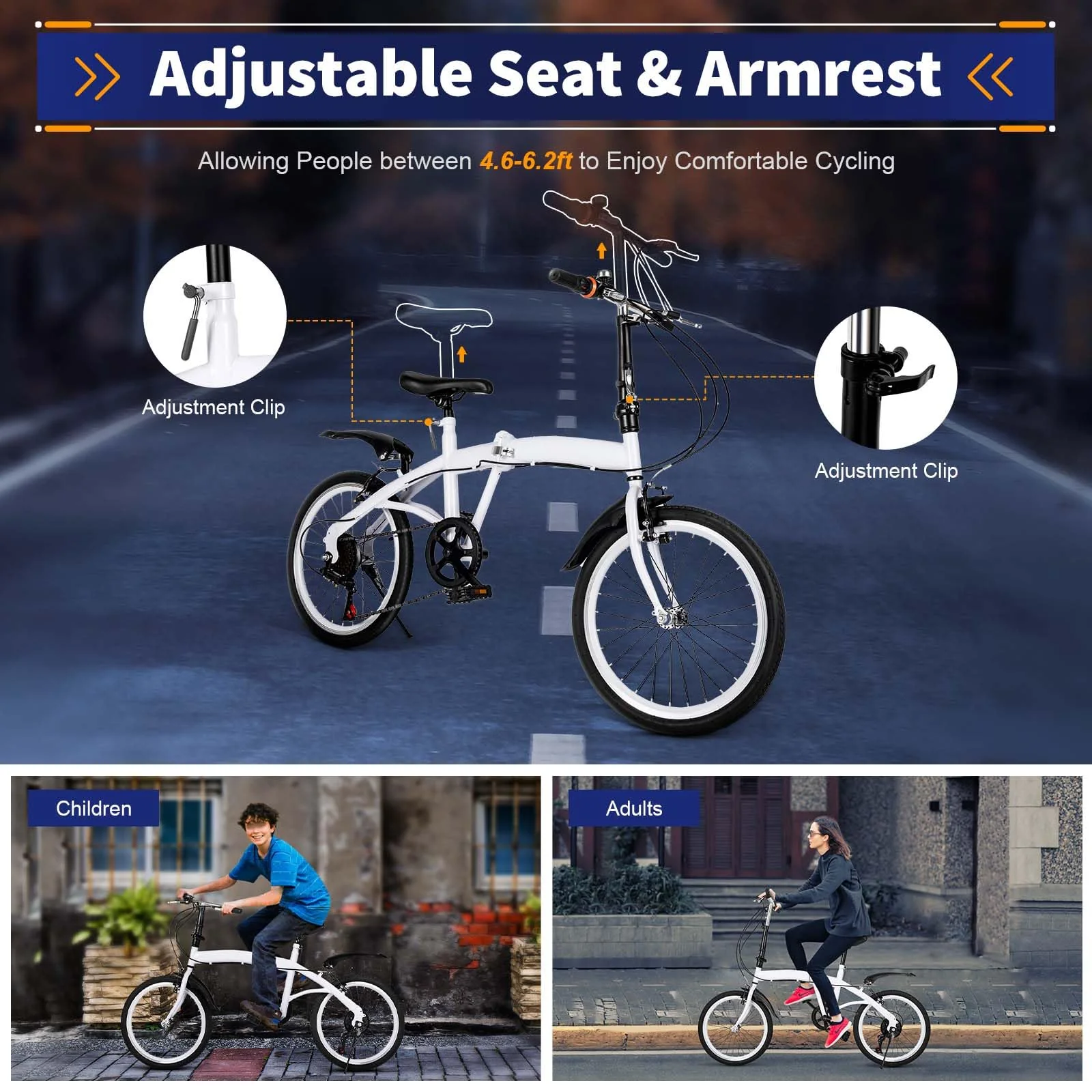 ERnonde 20 Zoll Erwachsene Faltrad, Klappfahrrad 6-Gang Doppel V-Bremse Fahrrad, Höhenverstellbar Klapprad Camping City Bike Gift Weiß - Image 6