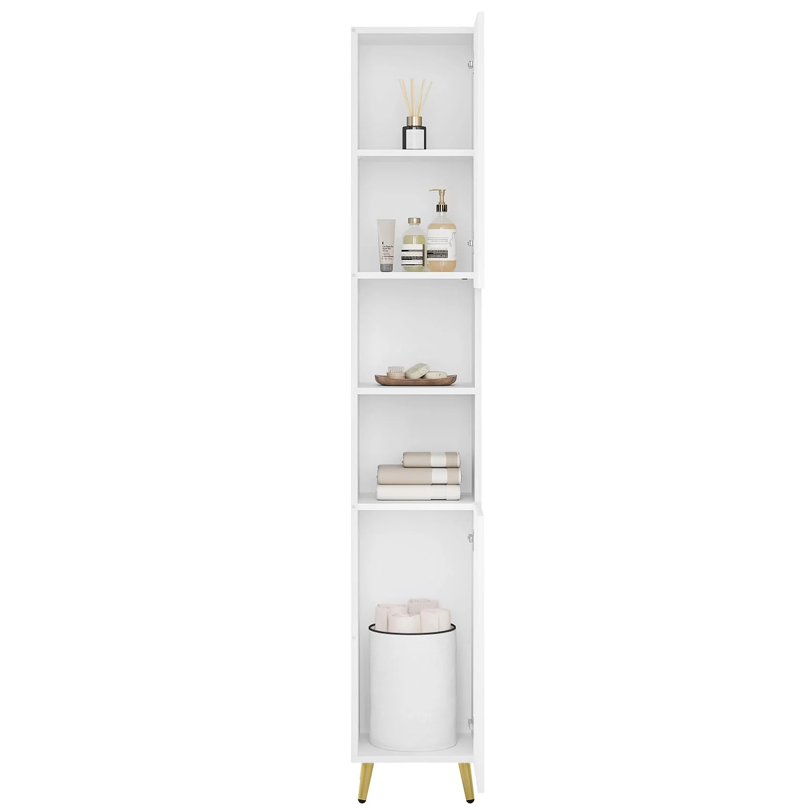eSituro Badezimmer Hochschrank, Badezimmerschrank Badschrank mit 2 Türen 2 offenen Fächern, Badmöbel mit verstellbaren Einlegeböden, Weiß, 30x180x28 cm - Image 3
