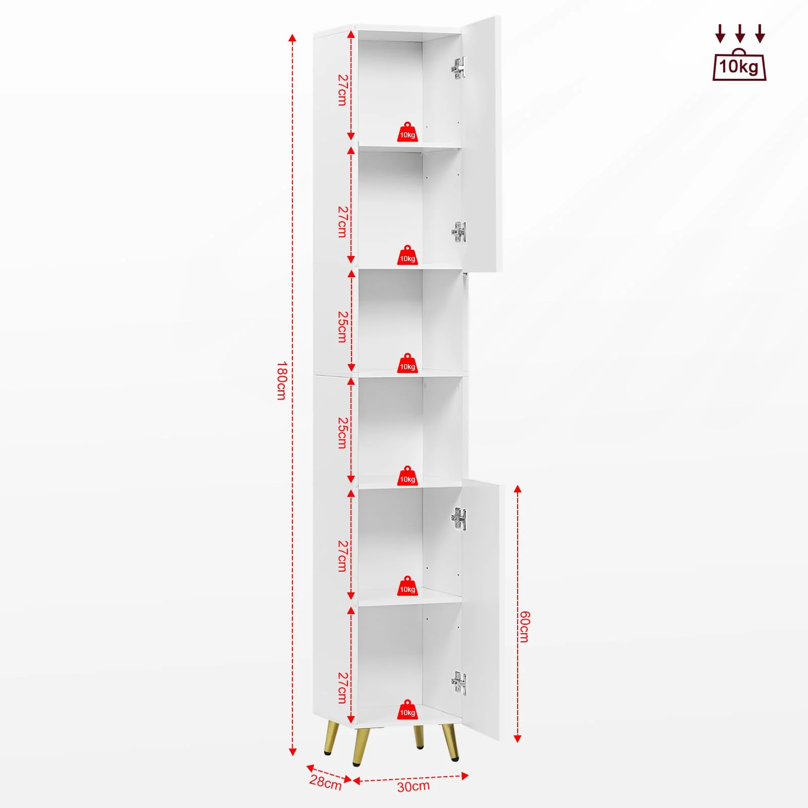 eSituro Badezimmer Hochschrank, Badezimmerschrank Badschrank mit 2 Türen 2 offenen Fächern, Badmöbel mit verstellbaren Einlegeböden, Weiß, 30x180x28 cm - Image 6