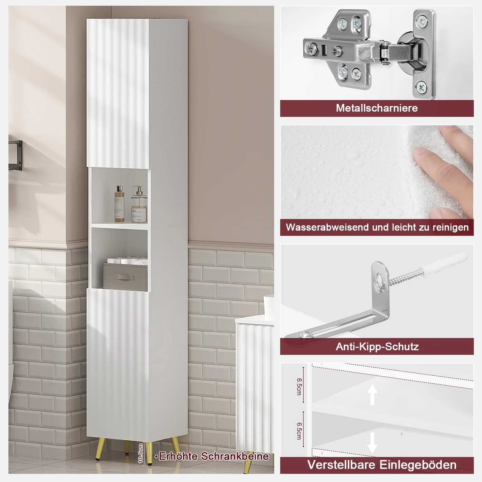 eSituro Badezimmer Hochschrank, Badezimmerschrank Badschrank mit 2 Türen 2 offenen Fächern, Badmöbel mit verstellbaren Einlegeböden, Weiß, 30x180x28 cm - Image 8