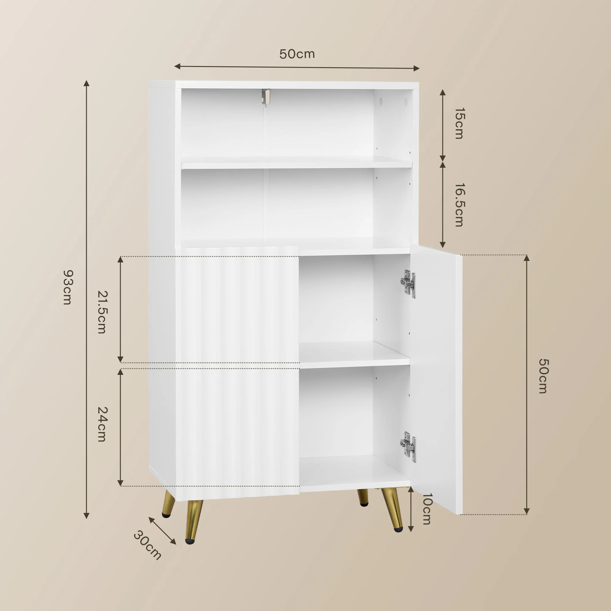 eSituro Badezimmerschrank, Badschrank, Badkommode mit 2 offenen Fächern, 2 Türen, 2 verstellbaren Einlegeböden, Schrank Badezimmer weiß, 50x93x30 cm - Image 4