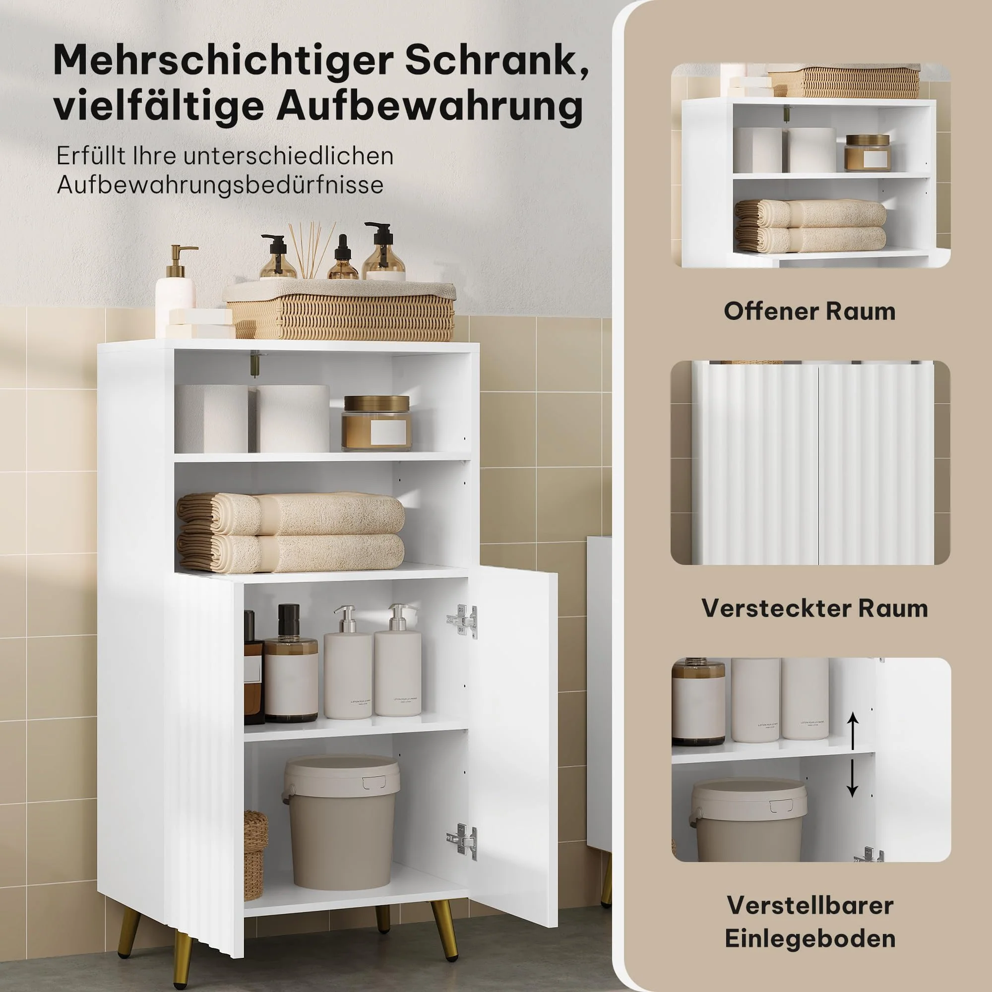 eSituro Badezimmerschrank, Badschrank, Badkommode mit 2 offenen Fächern, 2 Türen, 2 verstellbaren Einlegeböden, Schrank Badezimmer weiß, 50x93x30 cm - Image 6