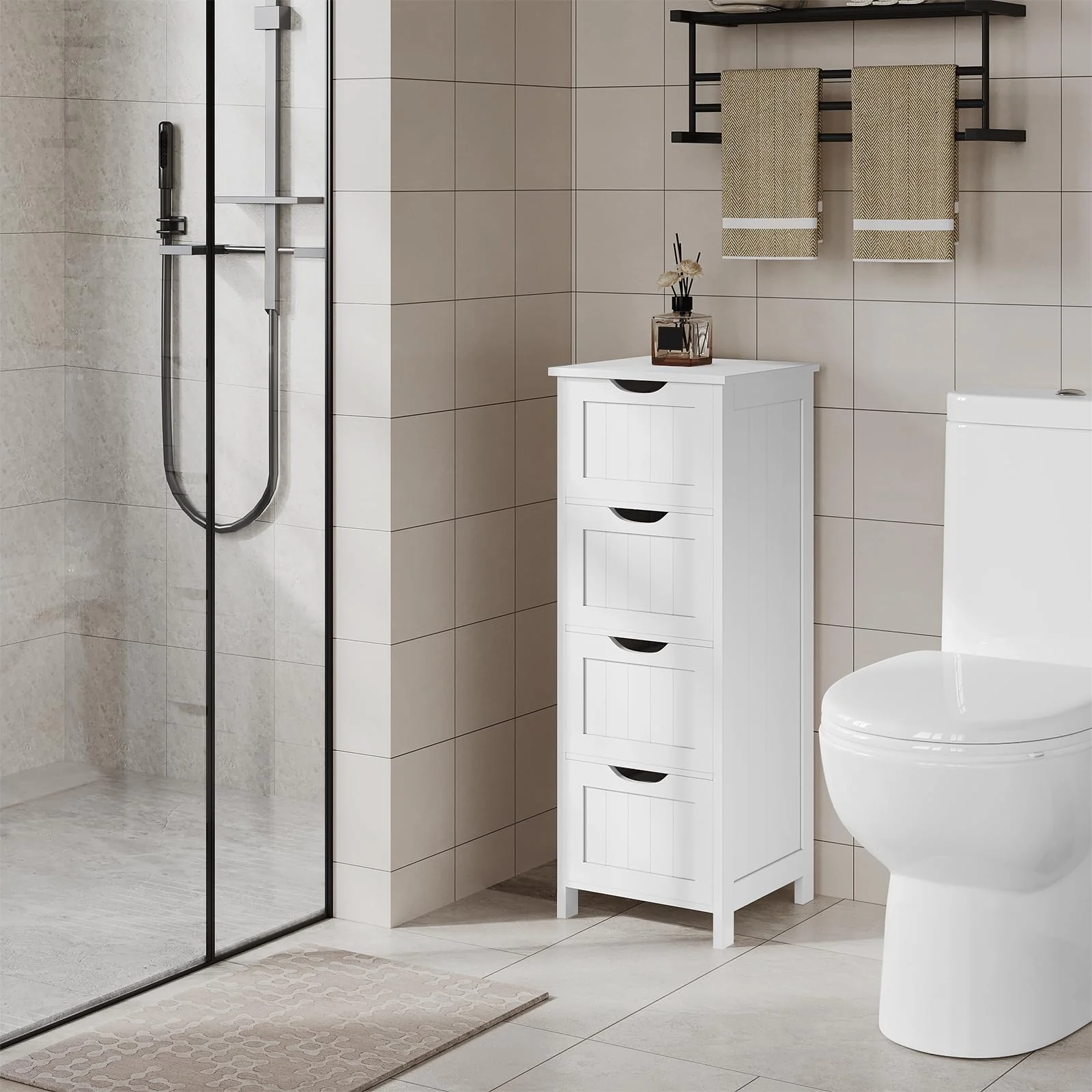 eSituro Badschrank Beistellschrank Schubladenkommode Organizer mit 4 Körben aus MDF Weiss - Image 5