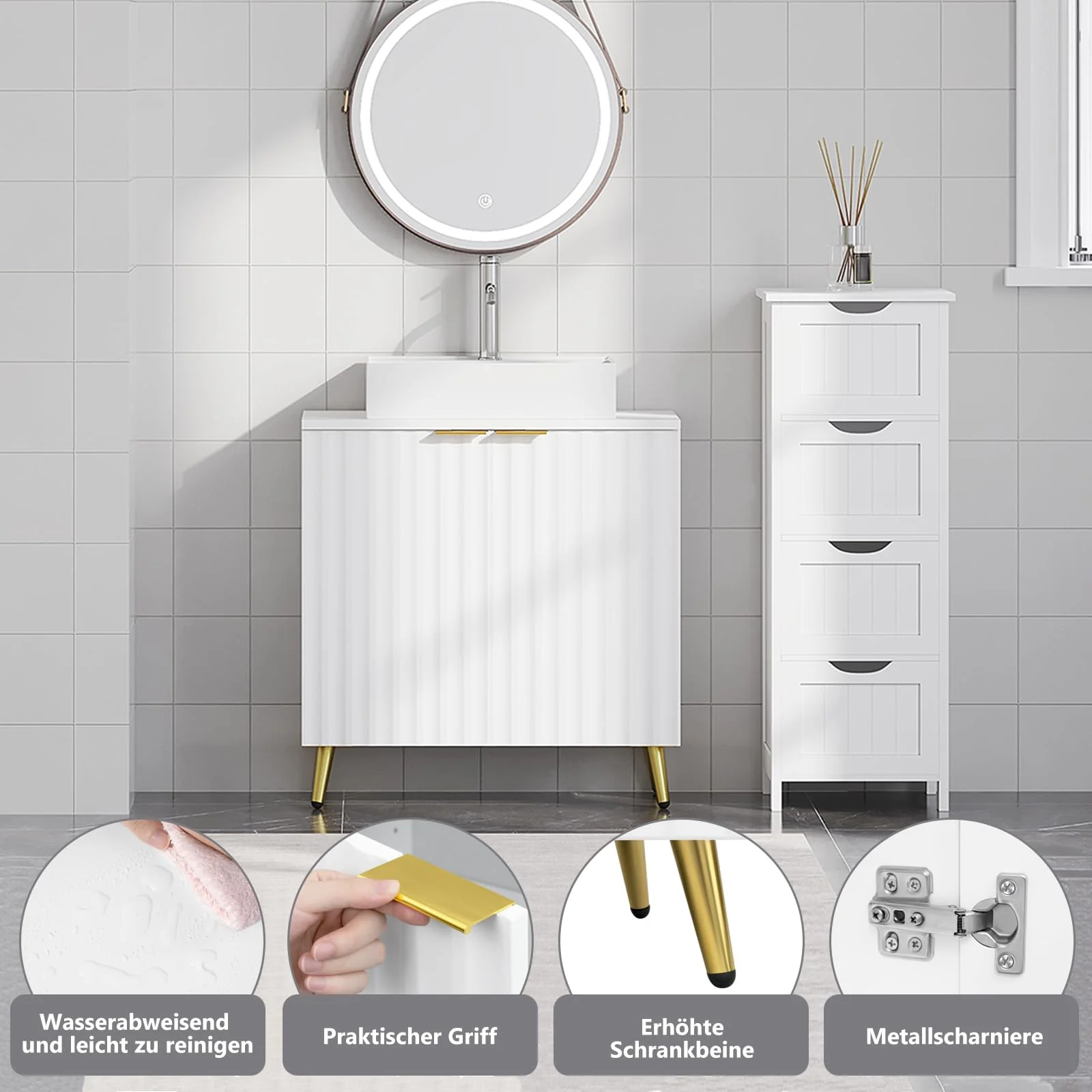 eSituro Waschbeckenunterschrank, Badezimmer Unterschrank Waschbecken, Waschtischunterschrank, Badezimmerschrank mit Verstellbarem Einlegeboden, Weiß Gold, 60x62x30 cm - Image 3