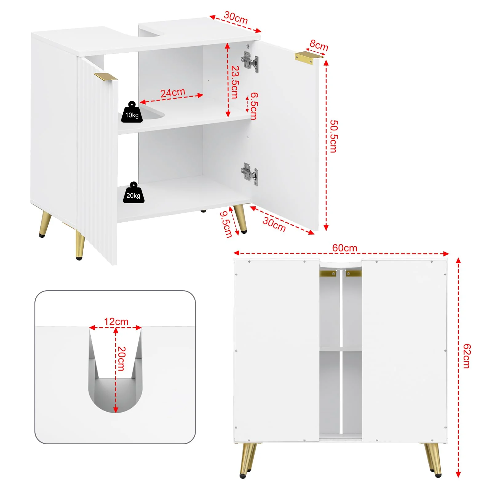 eSituro Waschbeckenunterschrank, Badezimmer Unterschrank Waschbecken, Waschtischunterschrank, Badezimmerschrank mit Verstellbarem Einlegeboden, Weiß Gold, 60x62x30 cm - Image 4