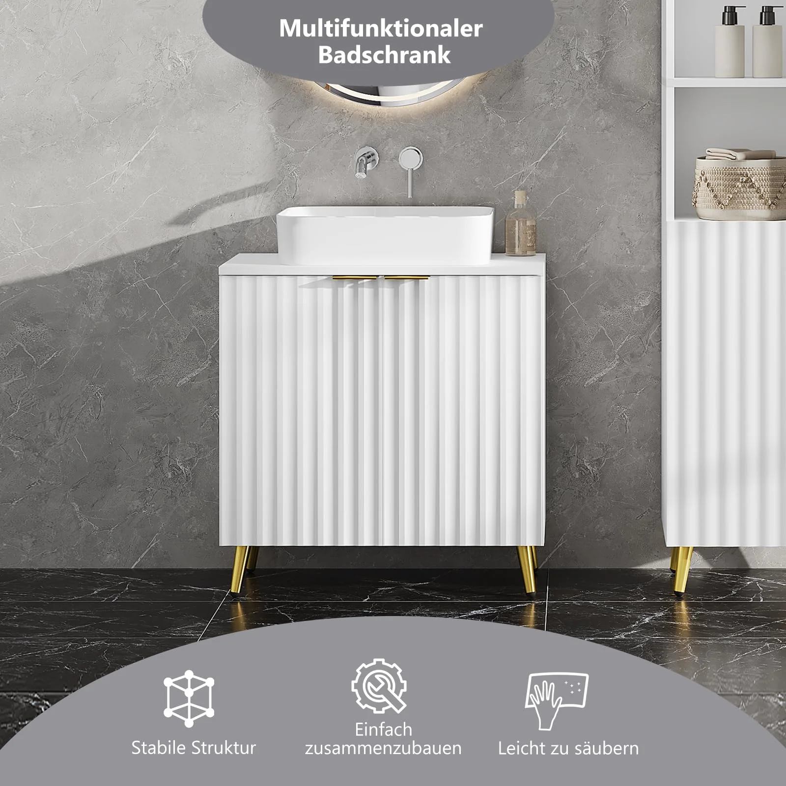 eSituro Waschbeckenunterschrank, Badezimmer Unterschrank Waschbecken, Waschtischunterschrank, Badezimmerschrank mit Verstellbarem Einlegeboden, Weiß Gold, 60x62x30 cm - Image 5