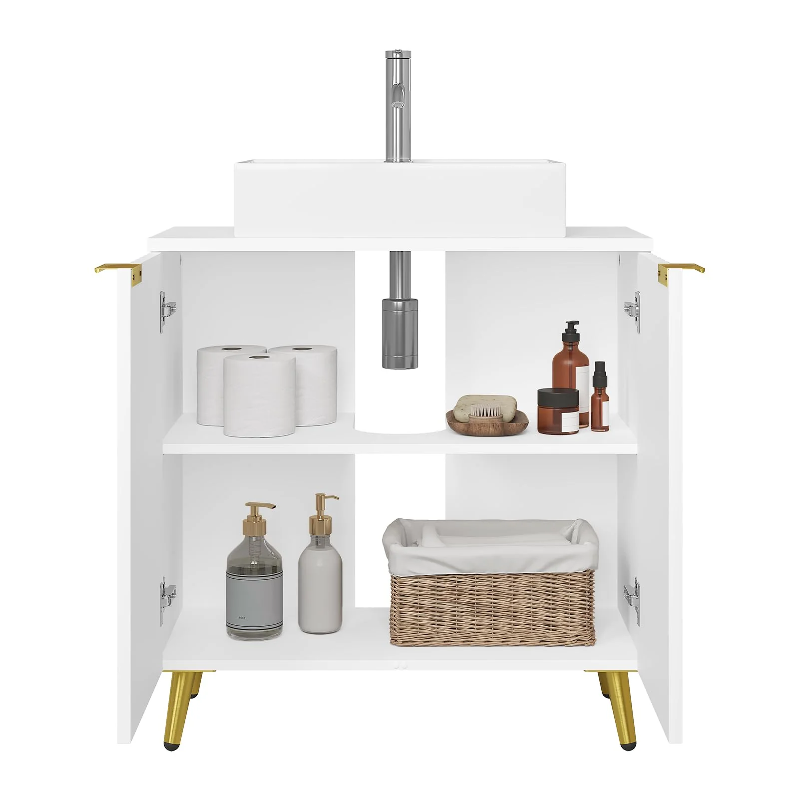 eSituro Waschbeckenunterschrank, Badezimmer Unterschrank Waschbecken, Waschtischunterschrank, Badezimmerschrank mit Verstellbarem Einlegeboden, Weiß Gold, 60x62x30 cm - Image 6