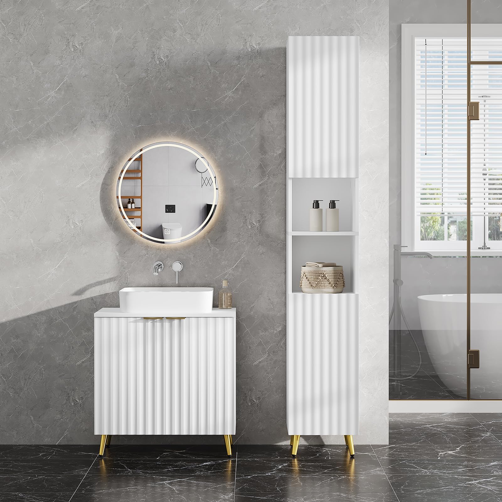 eSituro Waschbeckenunterschrank, Badezimmer Unterschrank Waschbecken, Waschtischunterschrank, Badezimmerschrank mit Verstellbarem Einlegeboden, Weiß Gold, 60x62x30 cm - Image 9