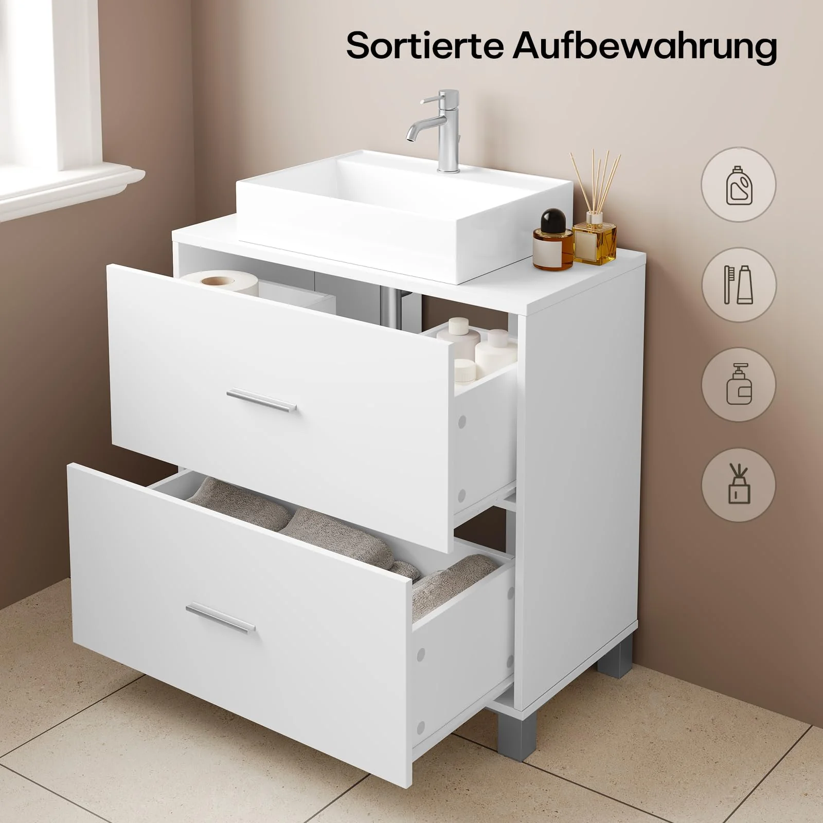 eSituro Waschbeckenunterschrank weiß, Badezimmerschrank mit 2 Schubladen, Badezimmer Unterschrank Waschbecken, Waschtischunterschrank freistehend, Badunterschrank, 60x60x30 cm