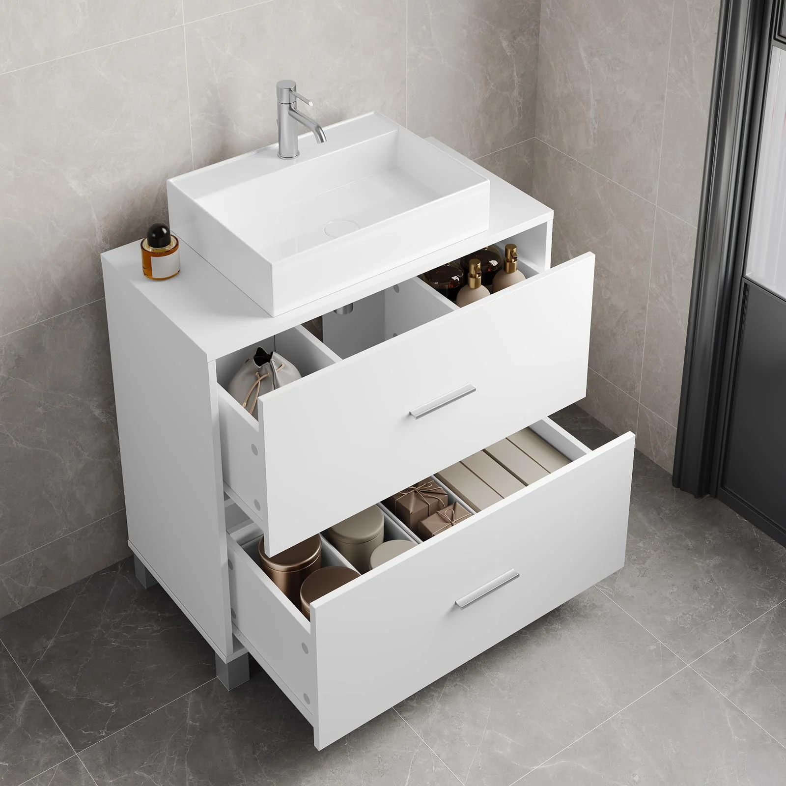 eSituro Waschbeckenunterschrank weiß, Badezimmerschrank mit 2 Schubladen, Badezimmer Unterschrank Waschbecken, Waschtischunterschrank freistehend, Badunterschrank, 60x60x30 cm - Image 2