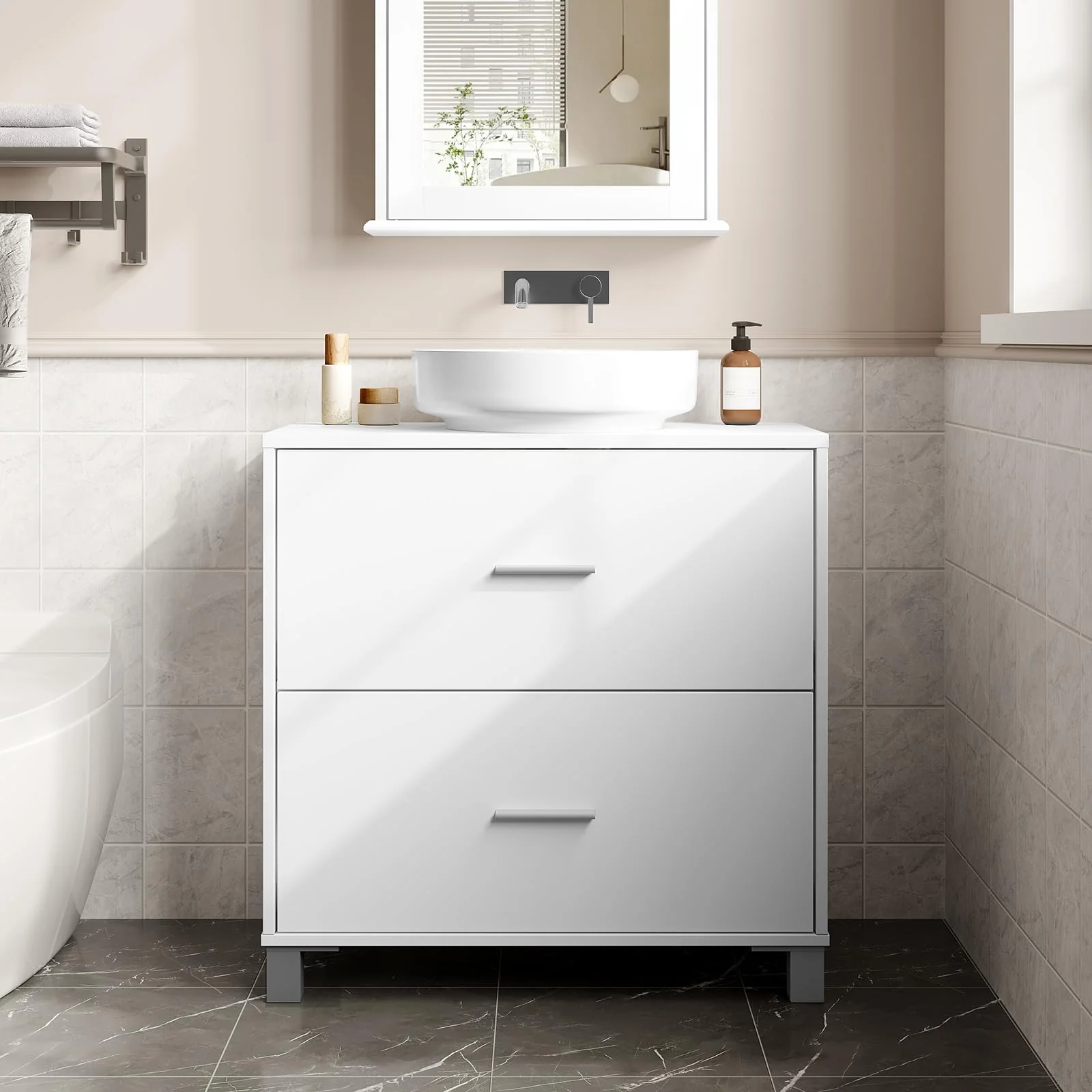 eSituro Waschbeckenunterschrank weiß, Badezimmerschrank mit 2 Schubladen, Badezimmer Unterschrank Waschbecken, Waschtischunterschrank freistehend, Badunterschrank, 60x60x30 cm - Image 6